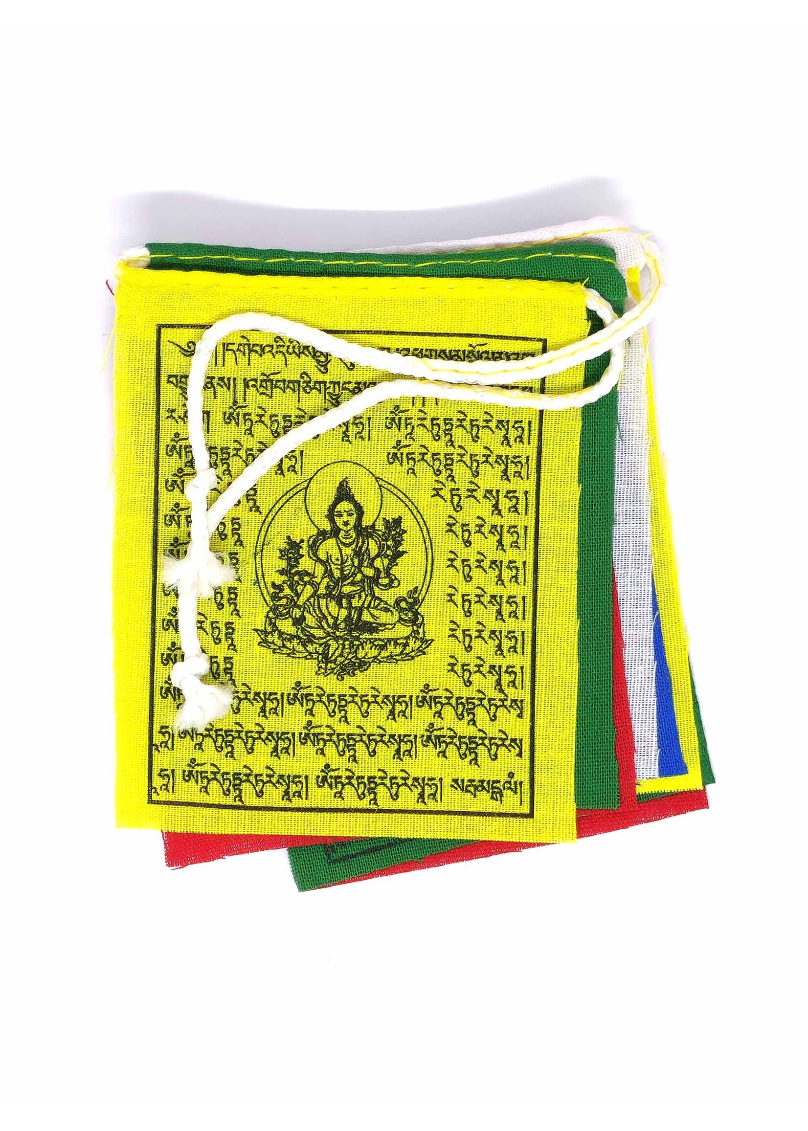 Mini bandiera di preghiera tibetana in cotone, verde Tara, 7 x 8,5 cm, 75 cm
