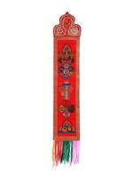 Appendiabiti tibetano da parete in broccato di seta, simboli di buon auspicio e mantra