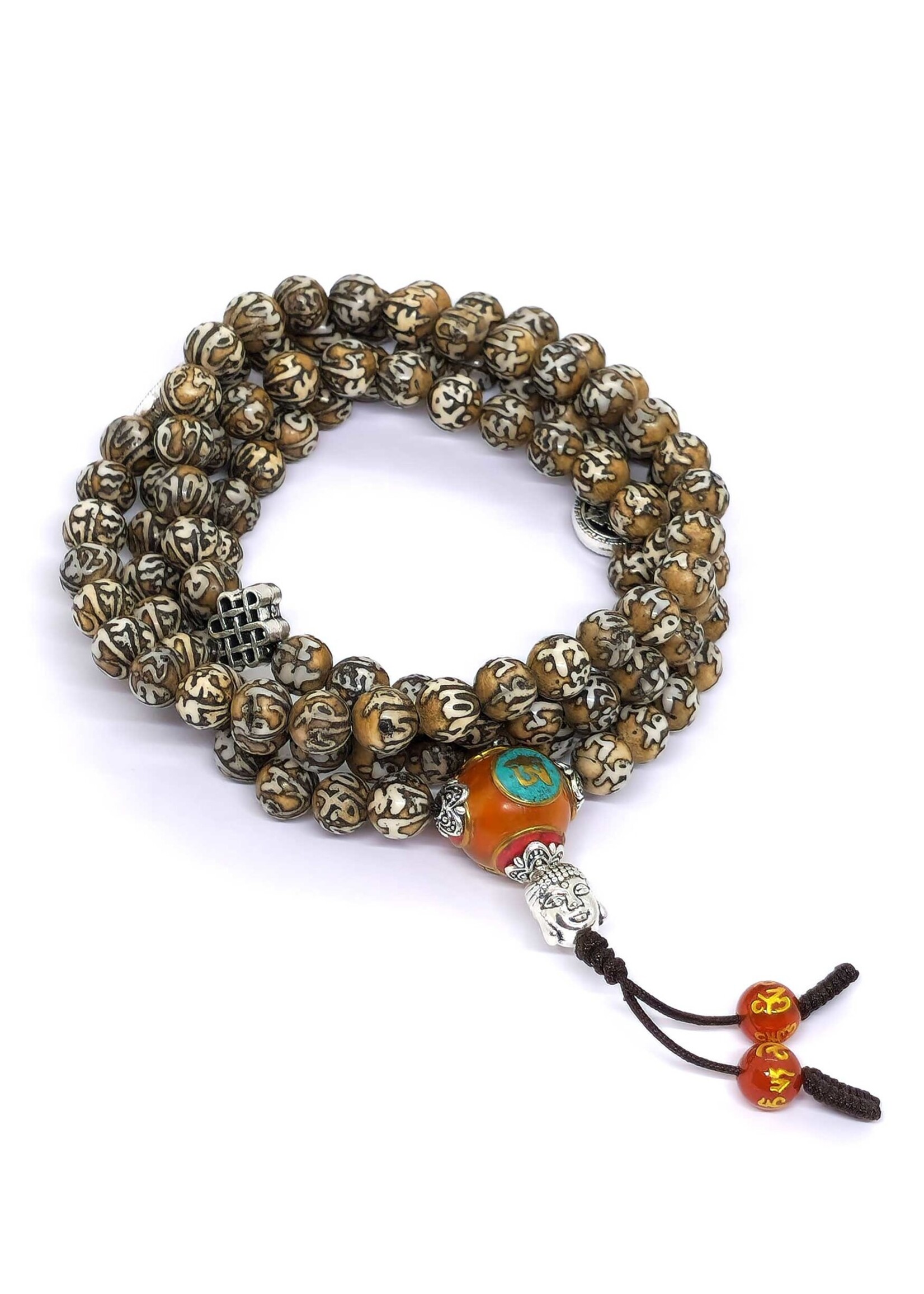 Perles de prière tibétaines Mani mantra coquillage, avec entretoise Double-Dorje et nœud sans fin