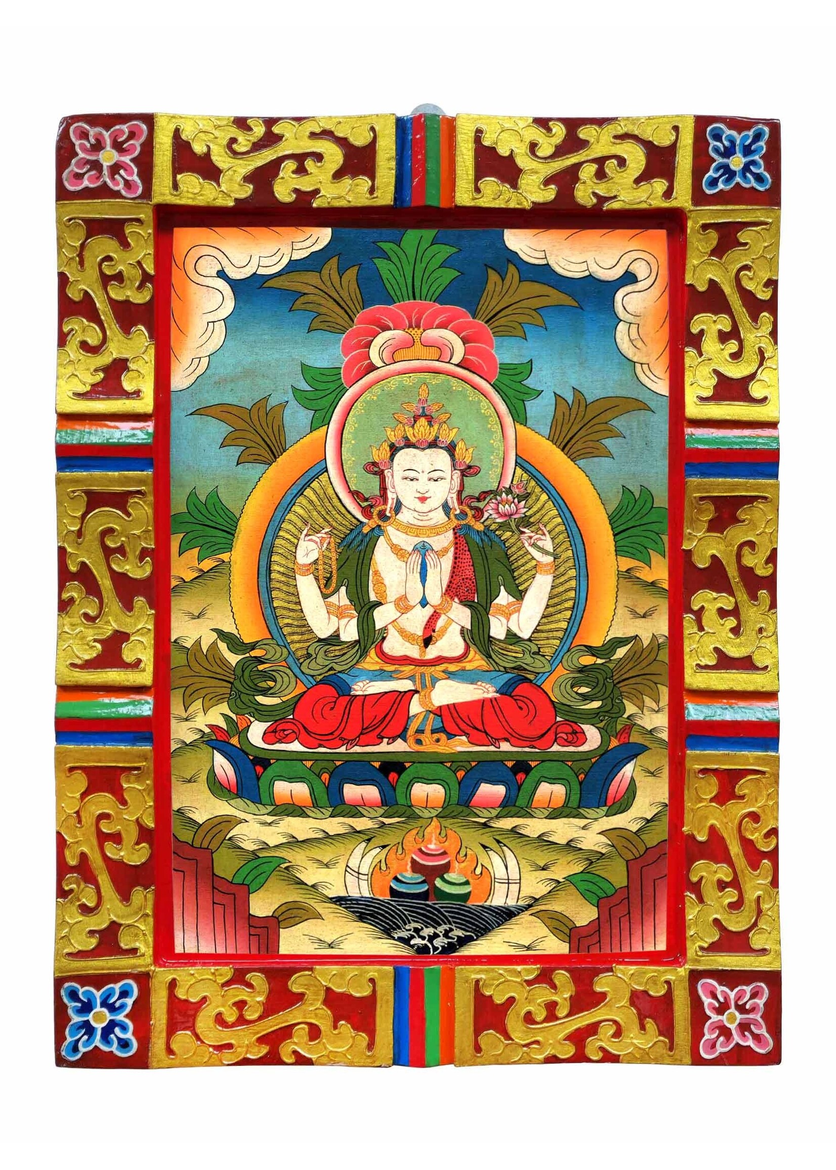 Tibetischer handbemalter Chenrezig (Avalokiteshvara) Wandbehang aus Holz