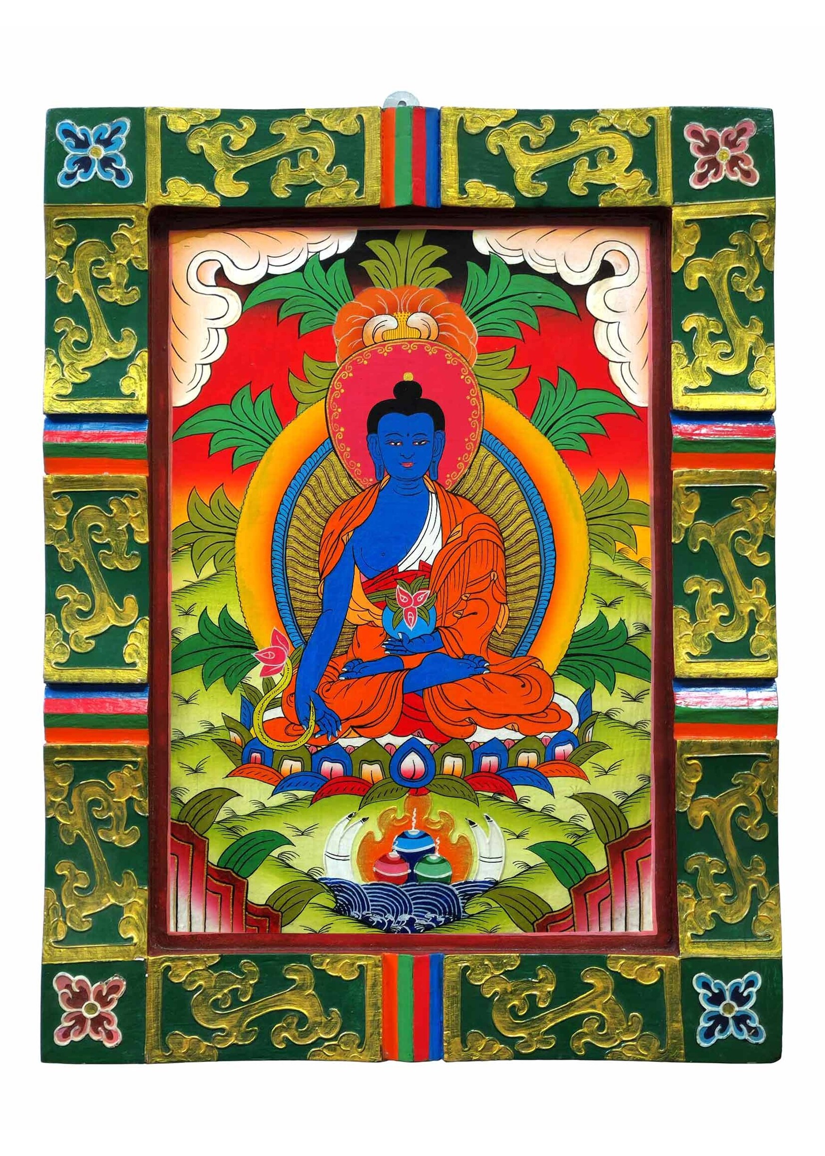 Hand-Painted Medicine Buddha Tibetan Wooden Wall Hanging