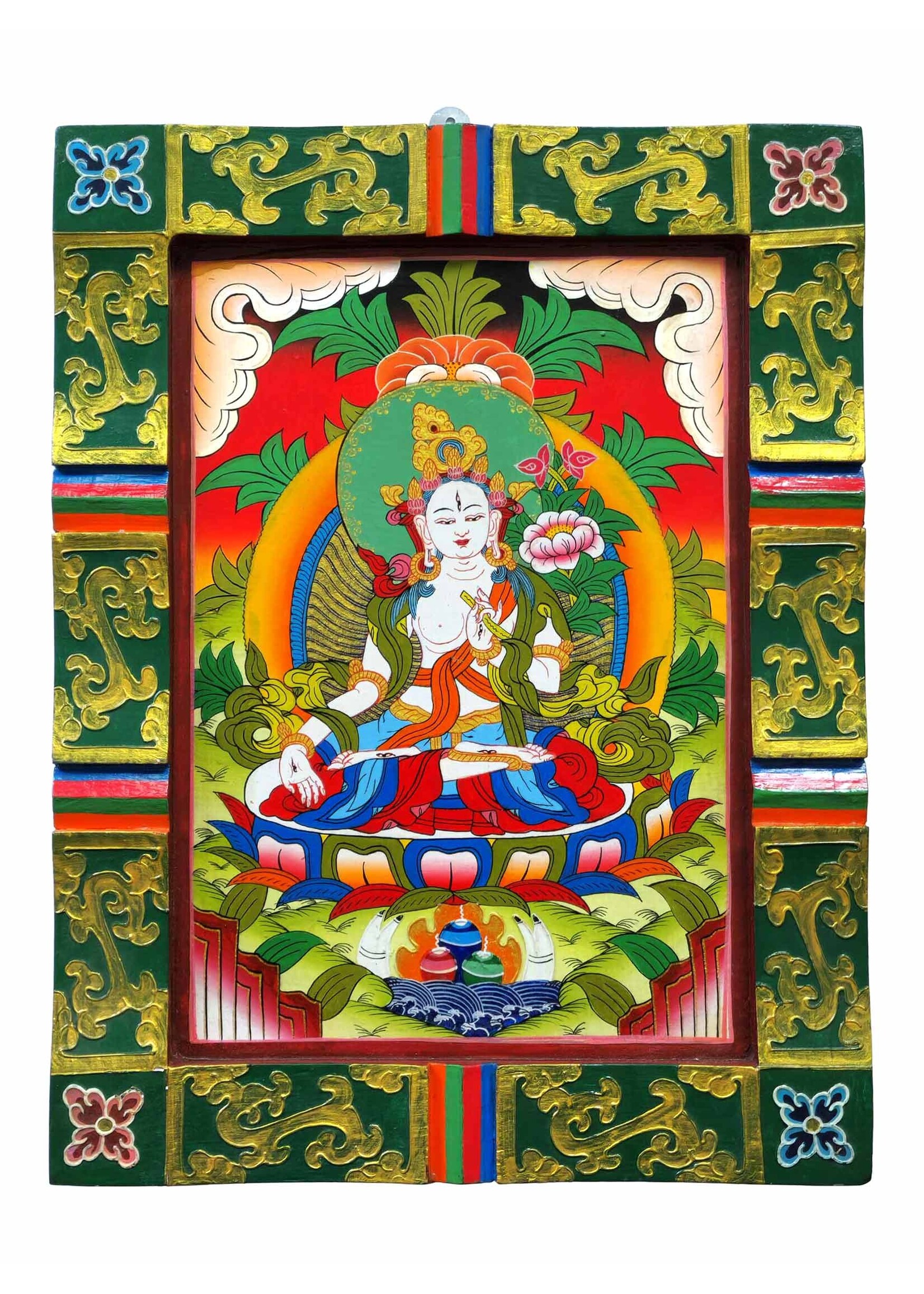 Hand-Painted White Tara Tibetan Wooden Wall Hanging