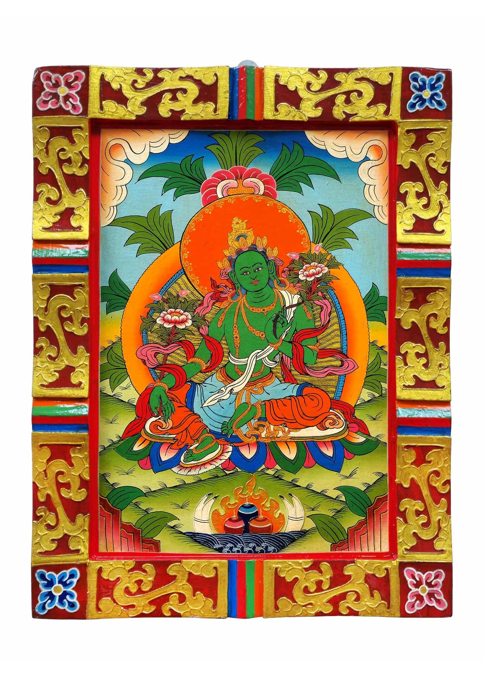 Appendiabiti da parete in legno tibetano con Tara verde dipinta a mano