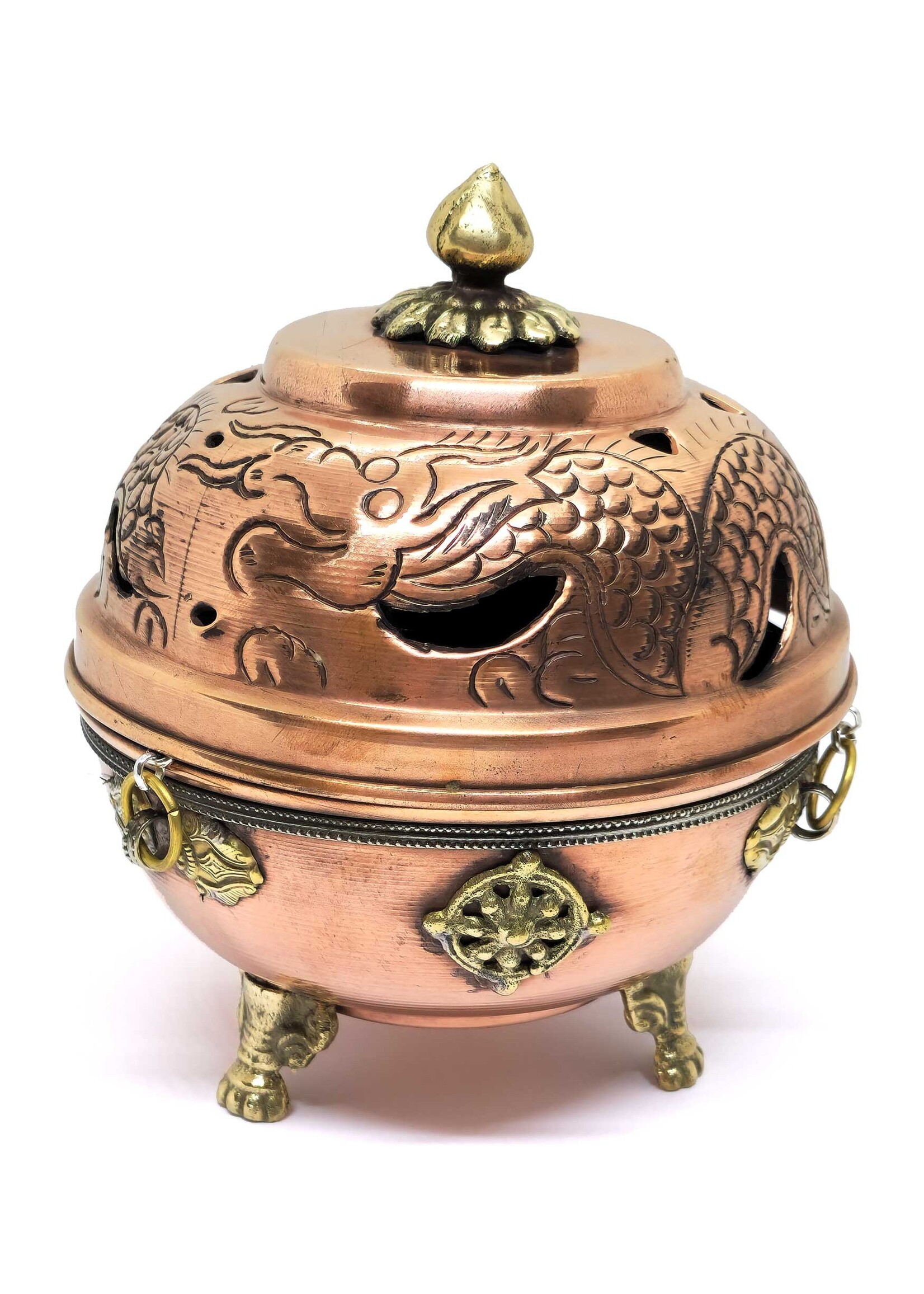 Encensoir tibétain Brûleur d'encens en poudre avec chaîne, sculpté avec mantra / dragon