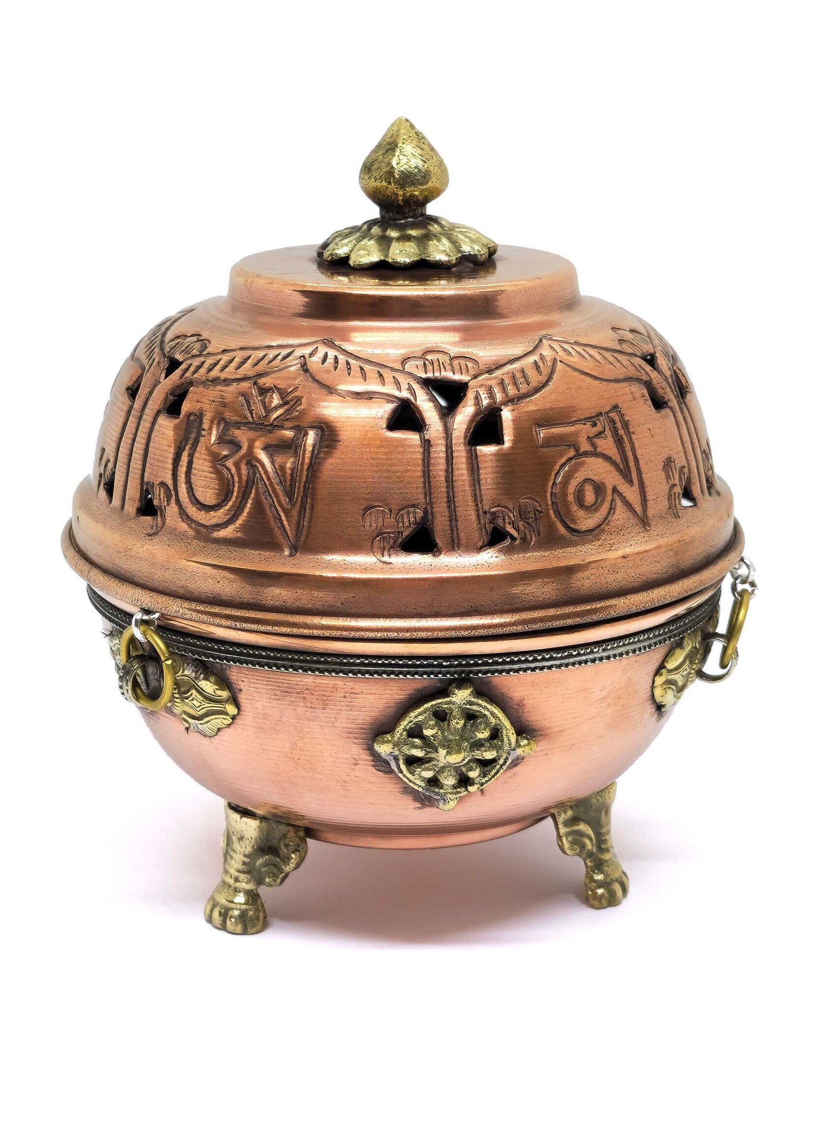 Encensoir tibétain Brûleur d'encens en poudre avec chaîne, sculpté avec mantra / dragon