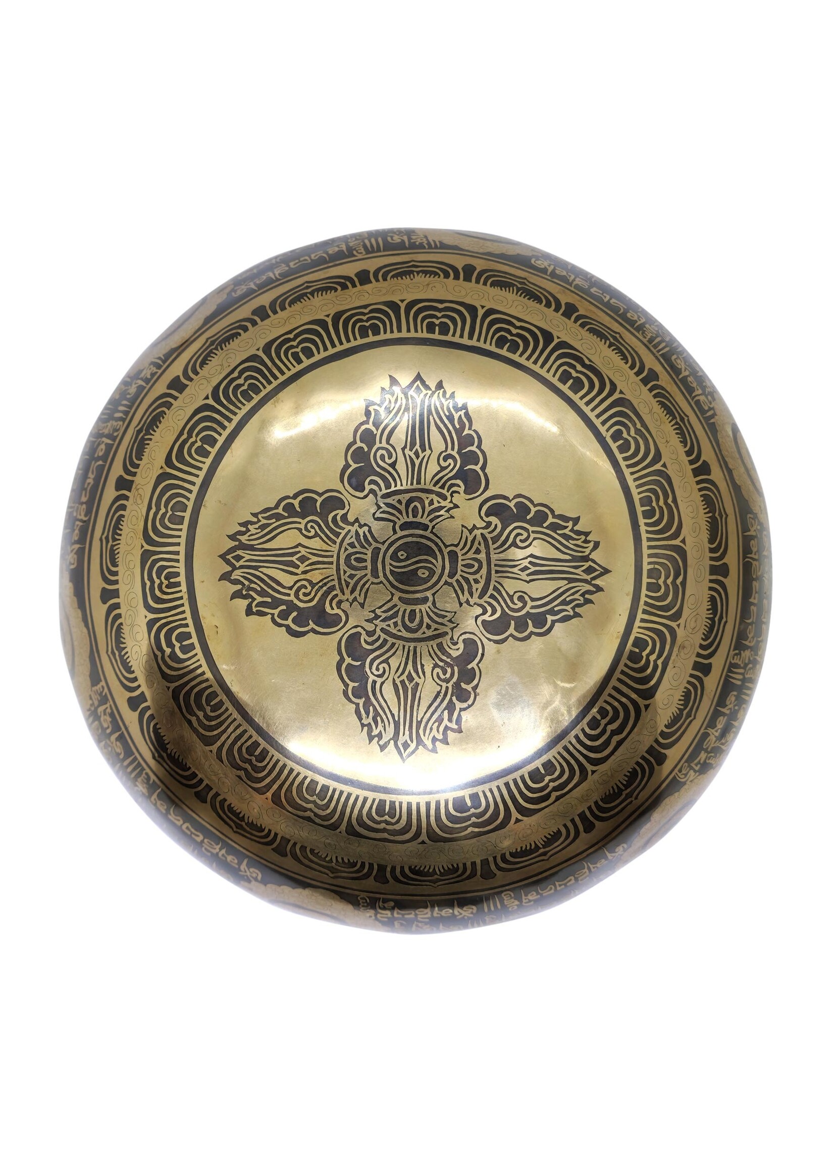 Ciotola tibetana artigianale, scolpita con buddha e mantra, Ø 27cm, 2kg