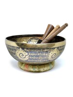 Bol chantant tibétain artisanal, sculpté d'un bouddha et d'un mantra, Ø 27cm, 2kg