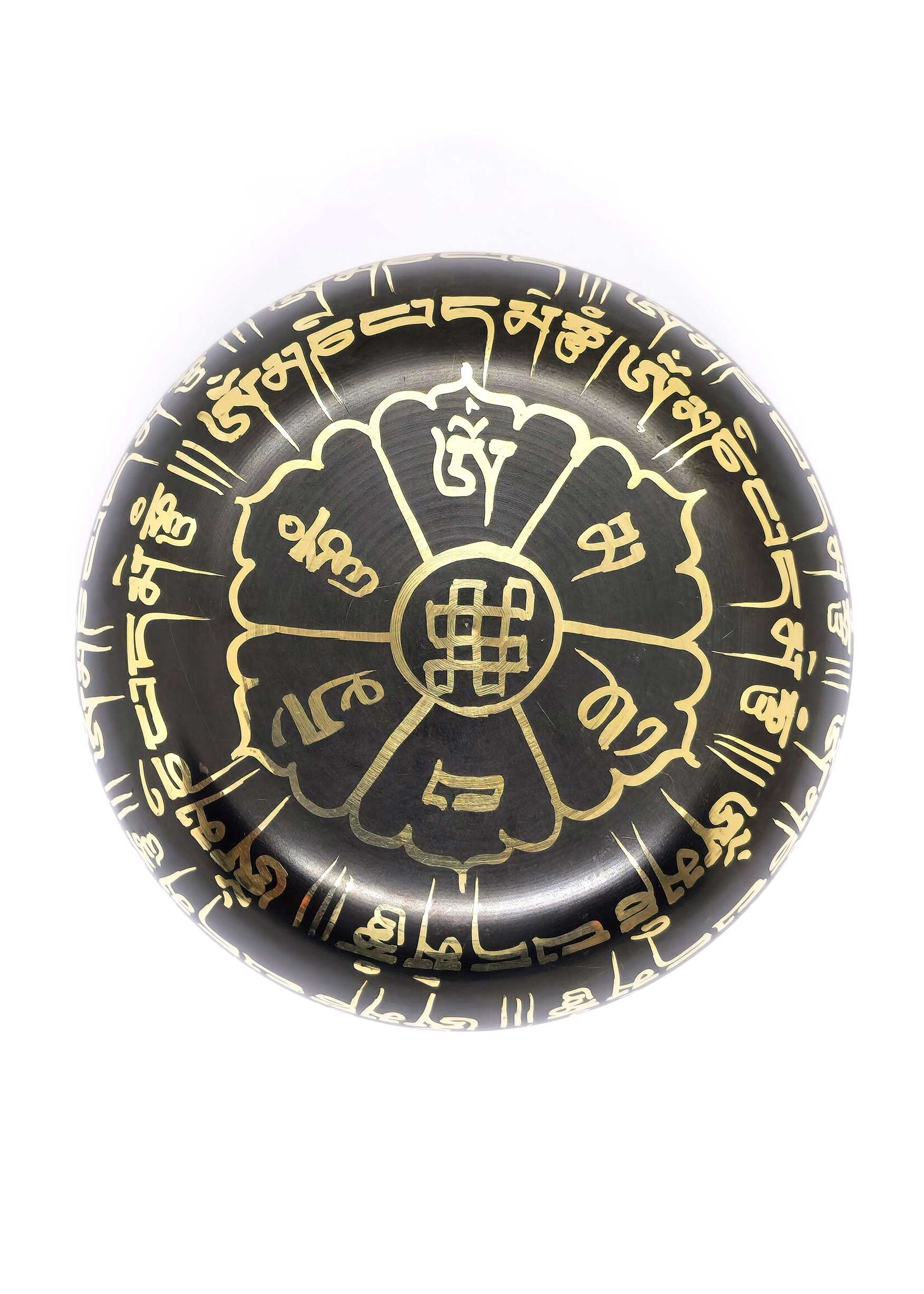 Ciotola da canto tibetana, ornata di mantra, colore nero, Ø 11 cm, 450 g