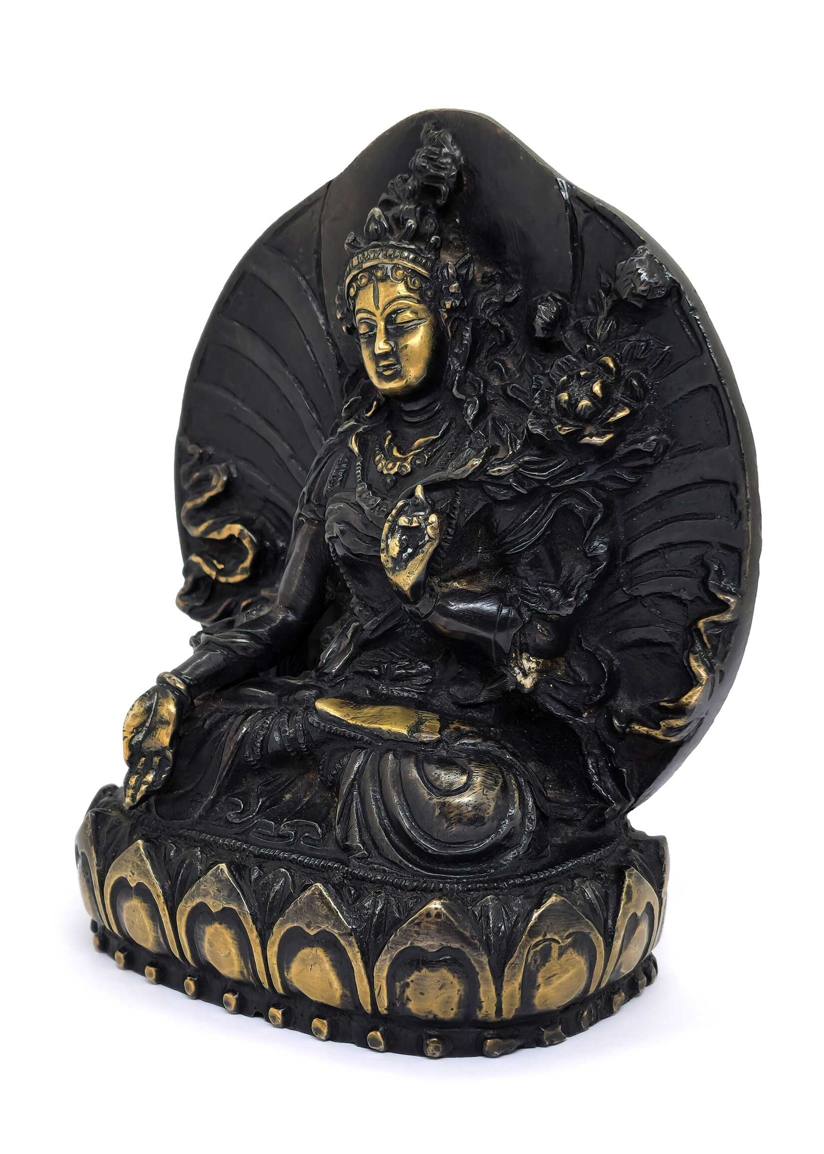 Handcrafted white Tara statue, made of high quality brass, 14.5 cm