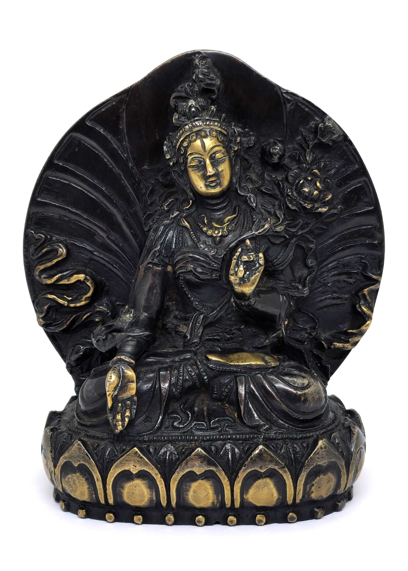 Handgefertigte tibetische Weisse Tara-Statue aus hochwertigem Messing, 14.5 cm