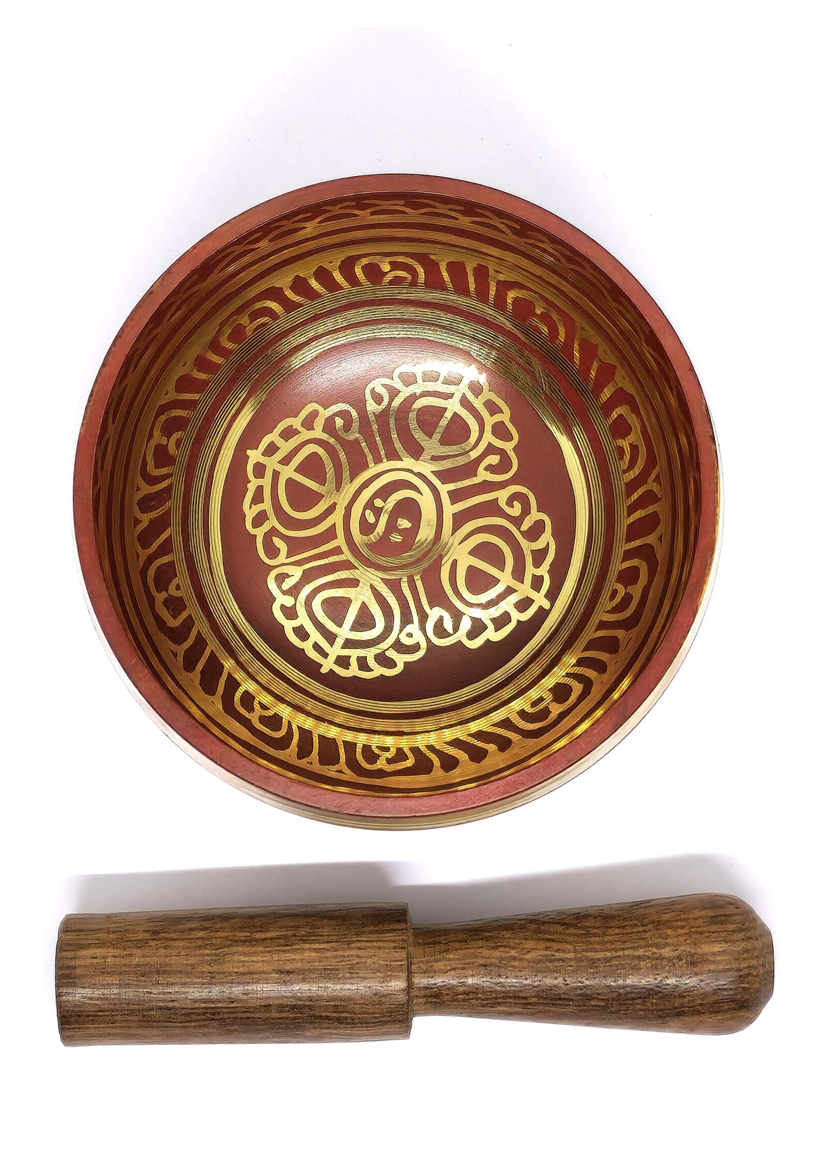 Bol chantant tibétain Mantra, 3 pièces, rouge, en laiton, Ø 8cm, 190g
