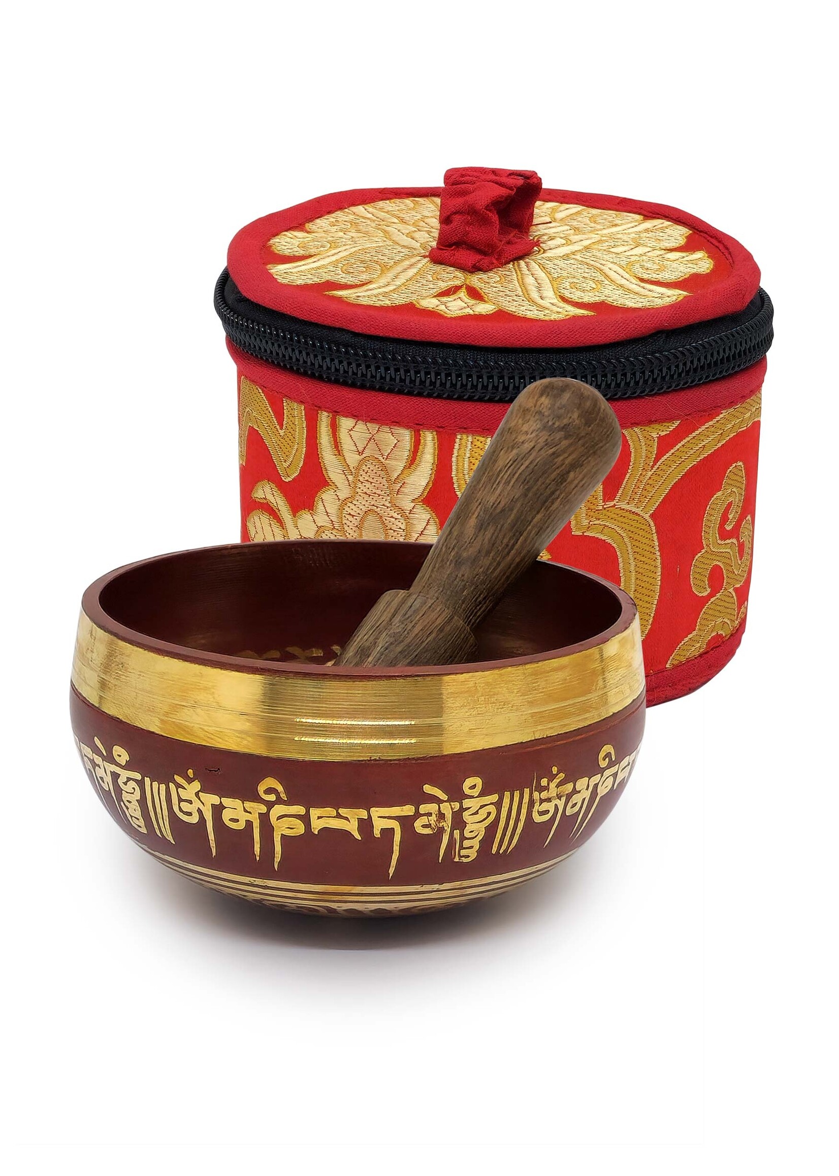 Tibetan Brass Singing Bowl Mantra, 3-piece, red, Ø 8cm, 190g