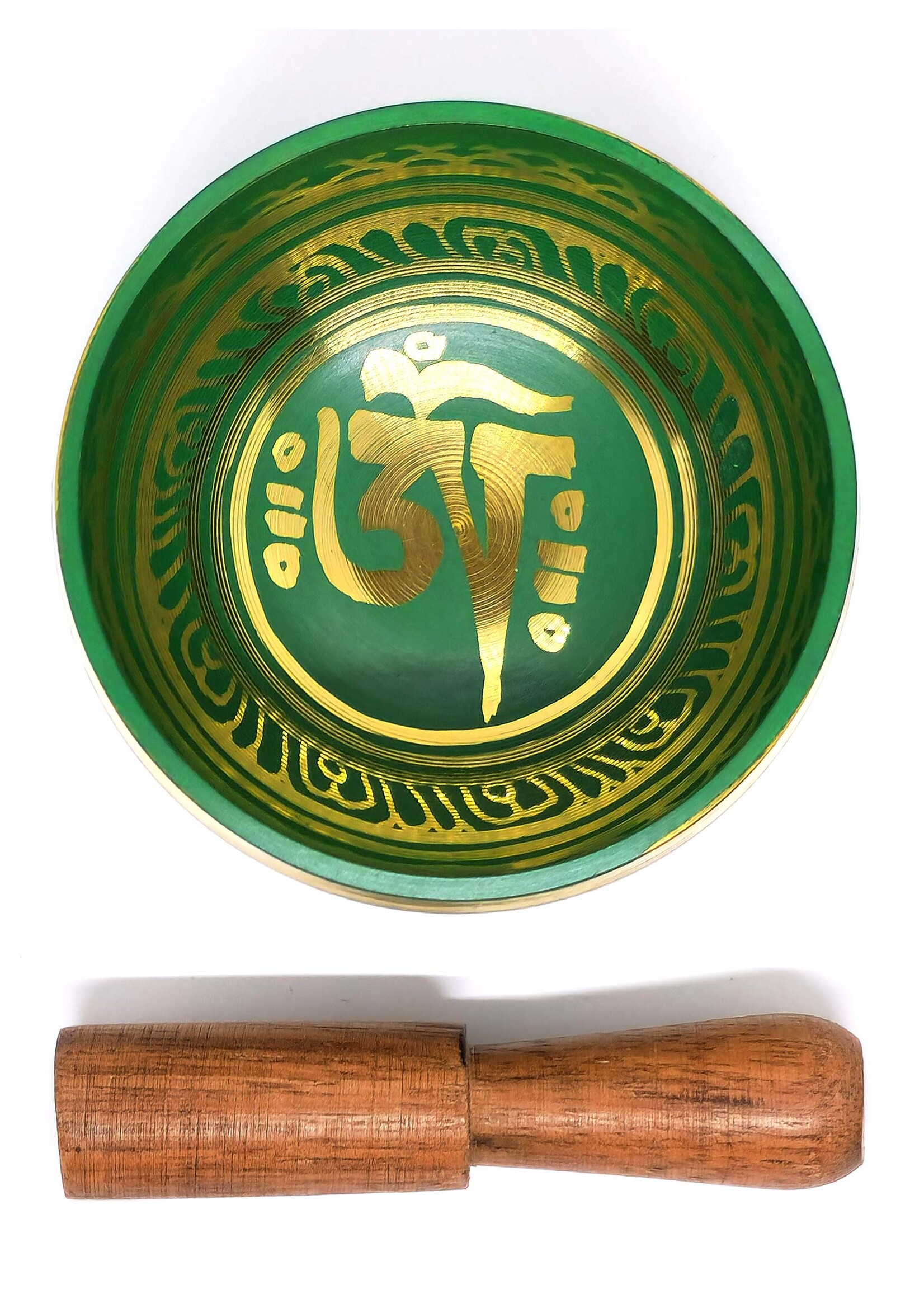 Tibetische Klangschale aus Messing mit Mantra, 3-teilig, grün, Ø 8cm, 190g