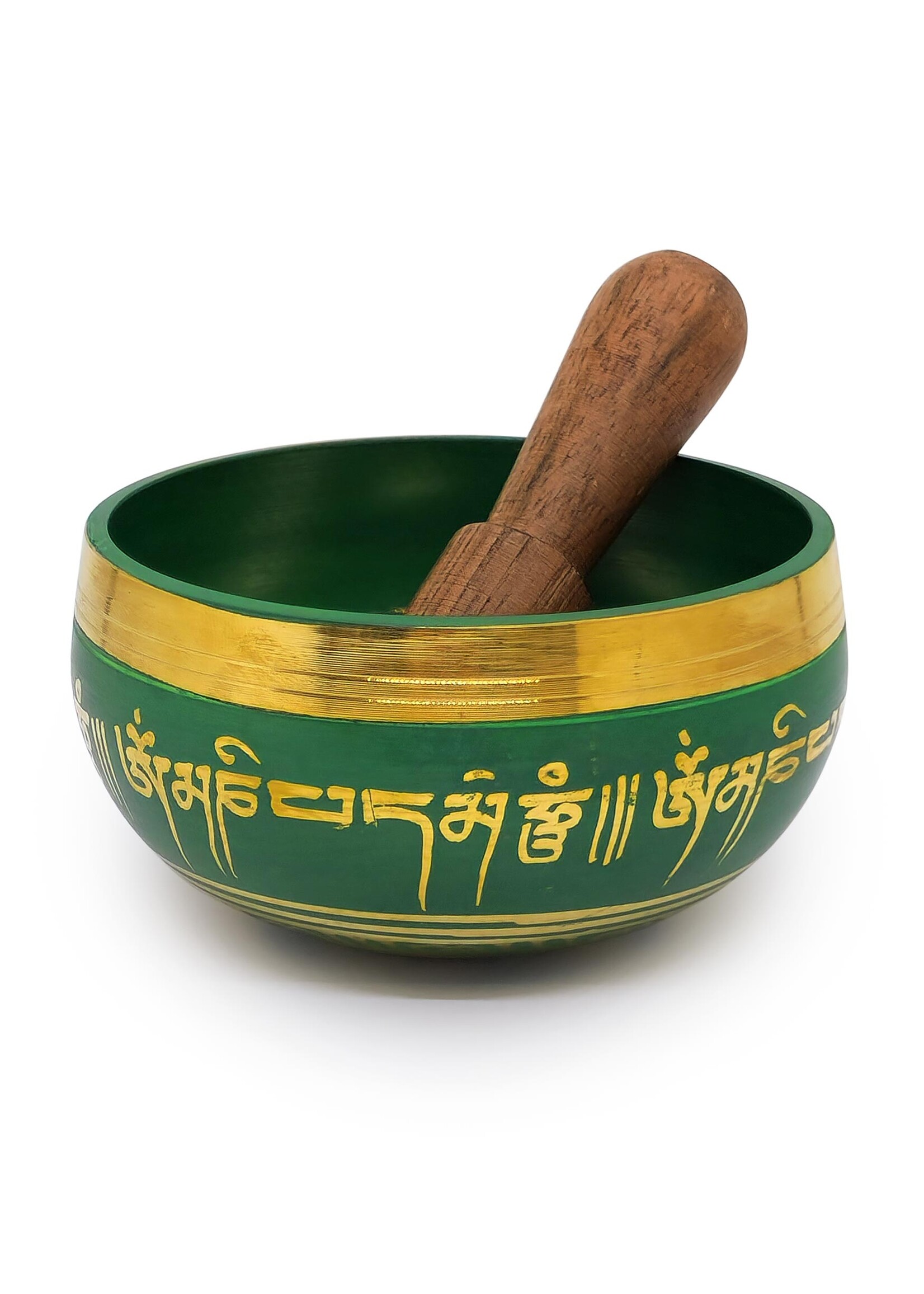Bol chantant tibétain Mantra, 3 pièces, vert, en laiton, Ø 8cm, 190g