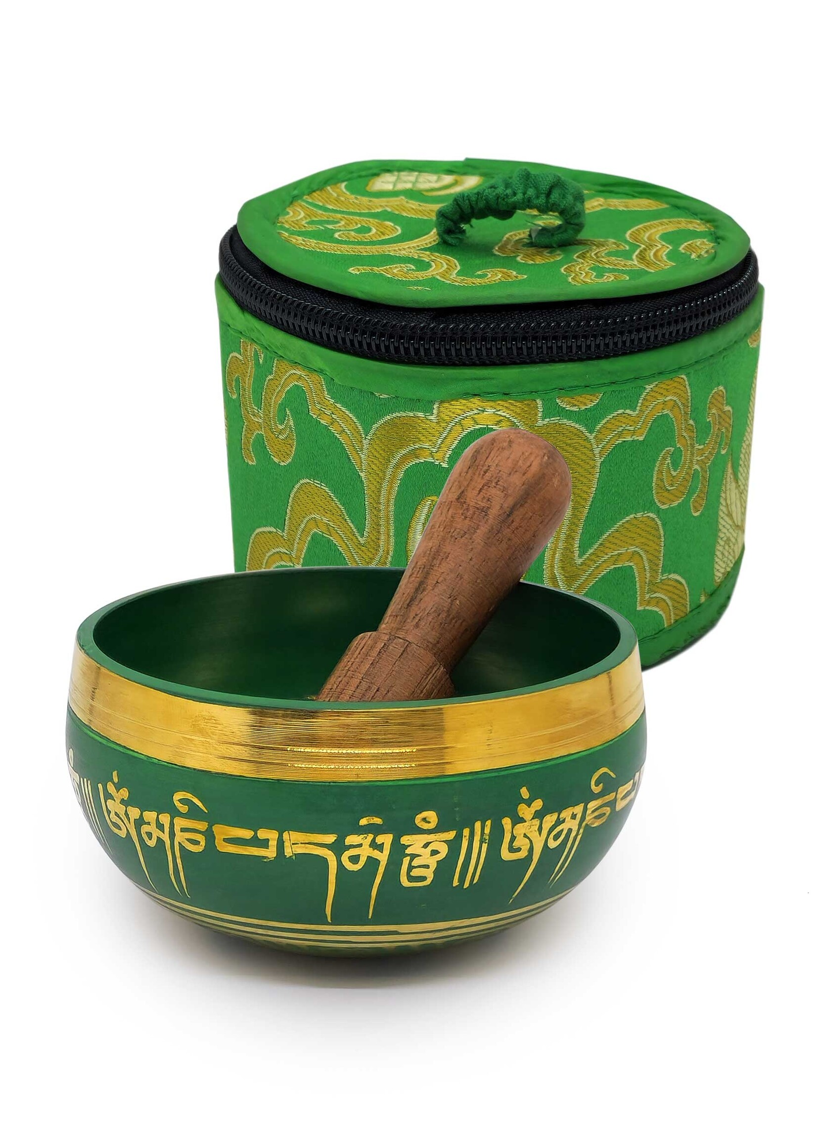 Bol chantant tibétain Mantra, 3 pièces, vert, en laiton, Ø 8cm, 190g