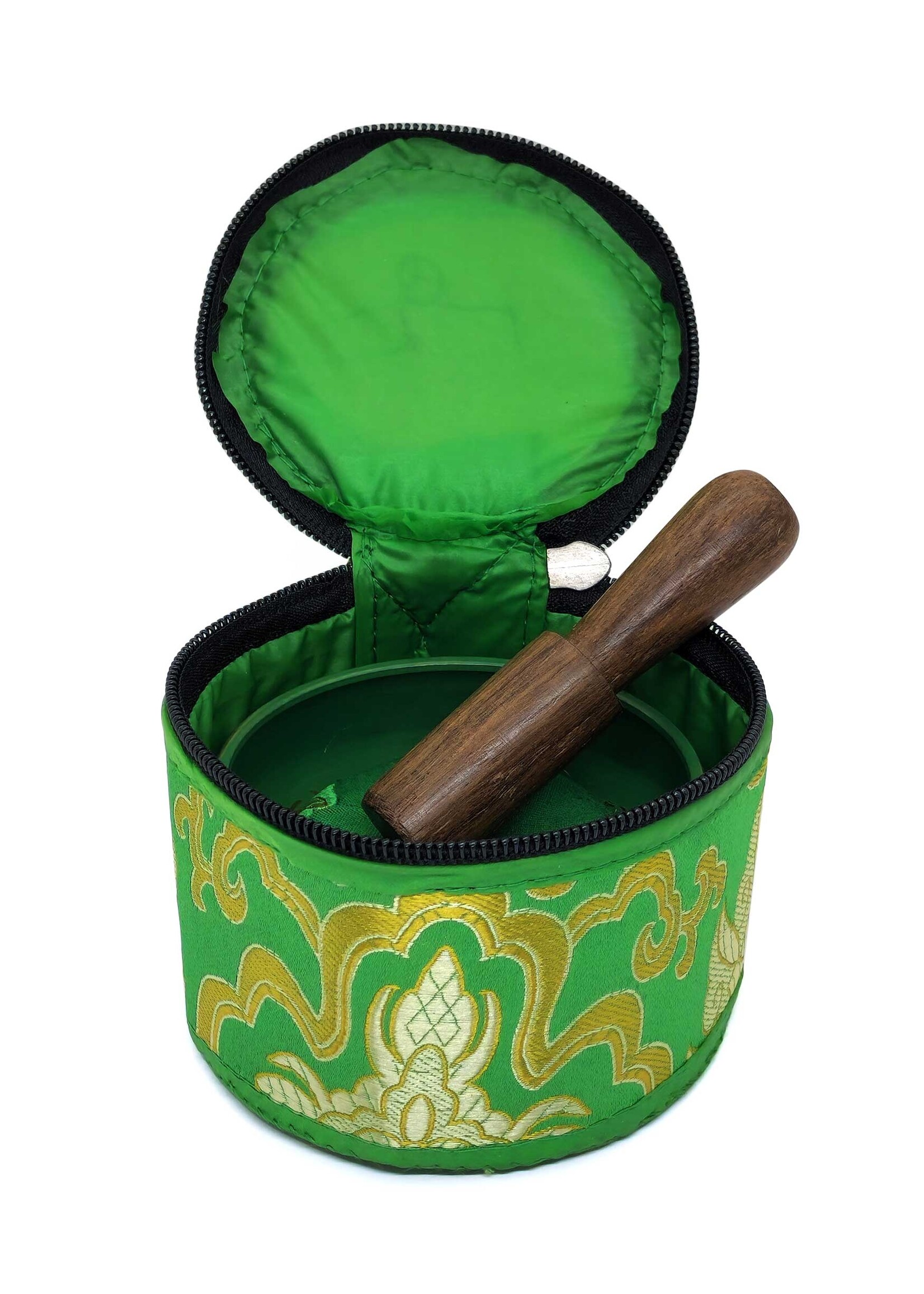 Bol chantant tibétain Mantra, 3 pièces, vert, en laiton, Ø 8cm, 190g