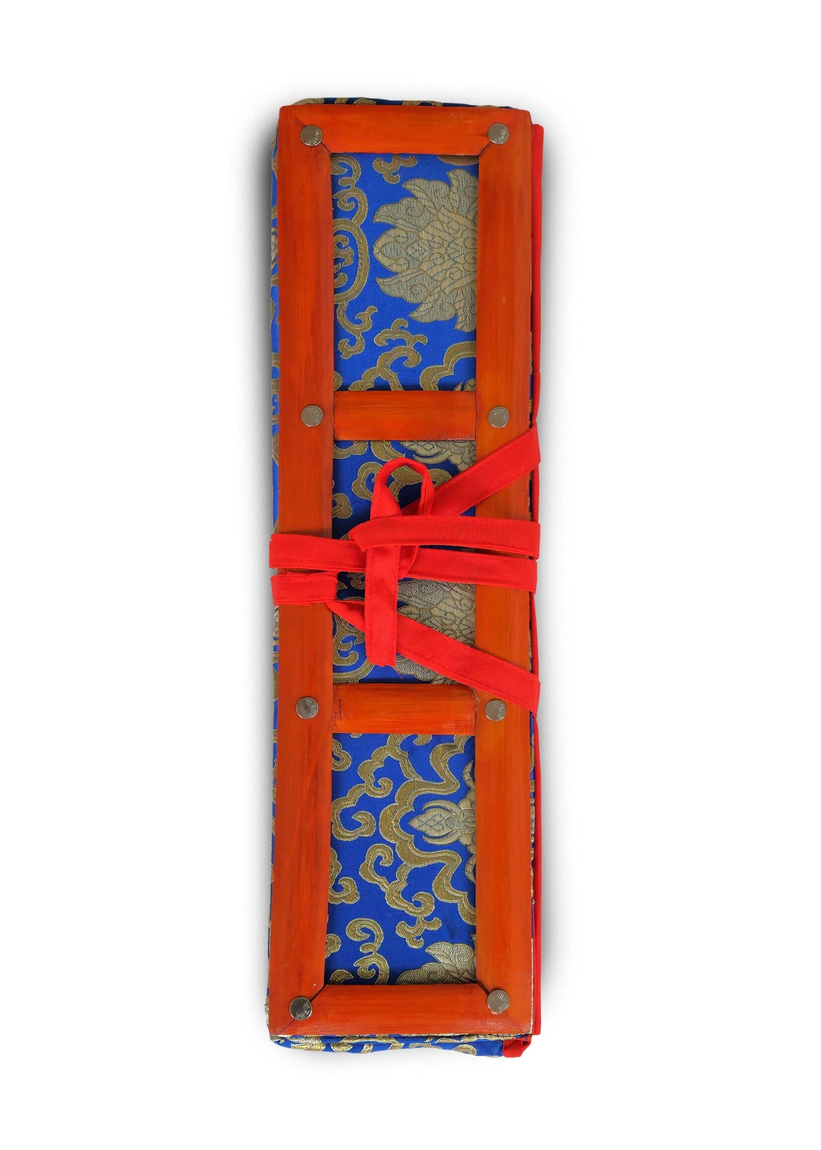 Copertina di testo Dharma in broccato con cornice in bambù, blu