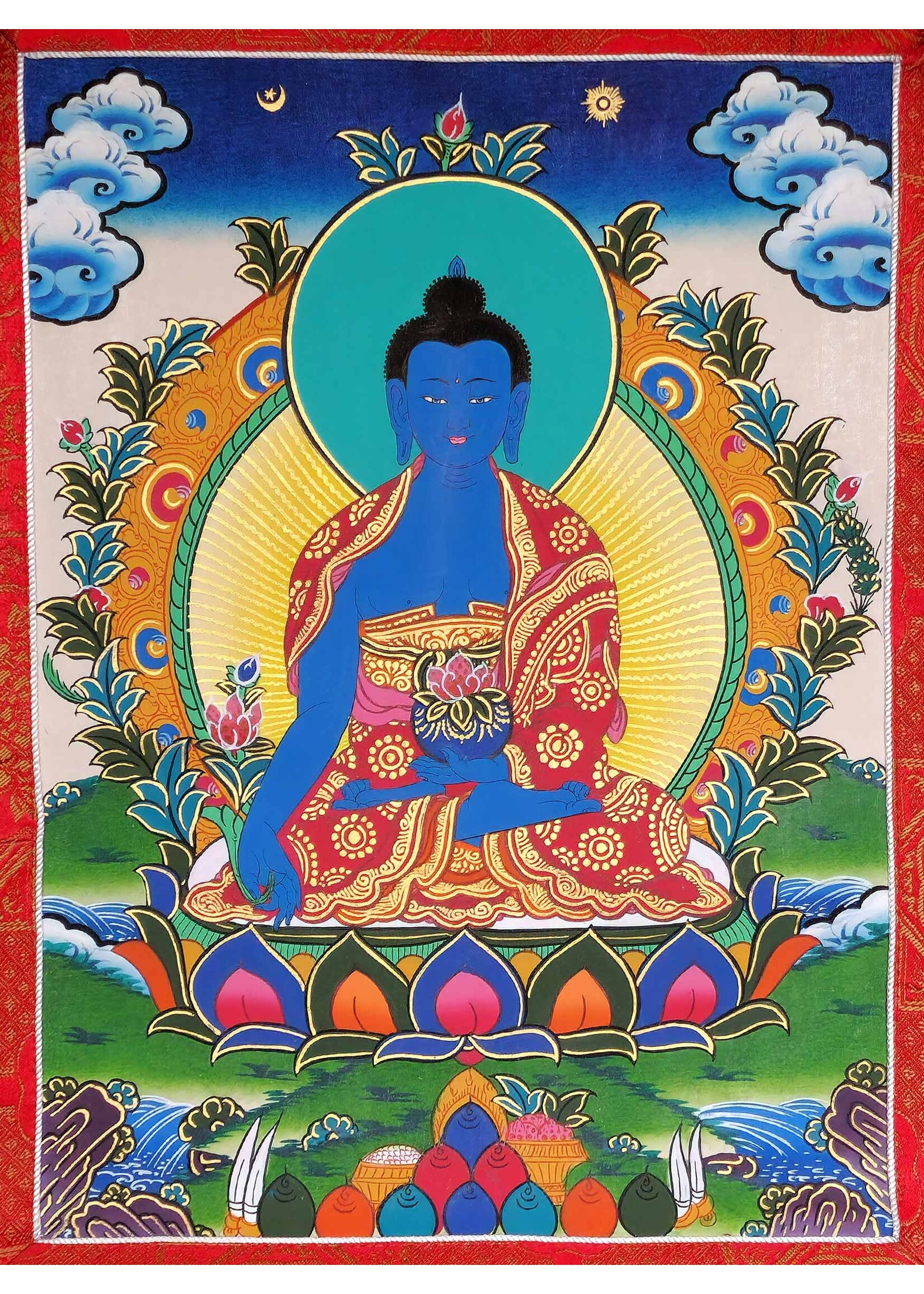 Thangka tibétaine Bouddha de médecine, en brocart de haute qualité, 80 x 55 cm