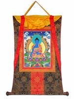 Tibetisches Thangka Medizin-Buddha aus hochwertigem Brokat, 80 x 55 cm