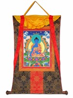 Tibetisches Thangka Medizin-Buddha aus hochwertigem Brokat, 80 x 55 cm