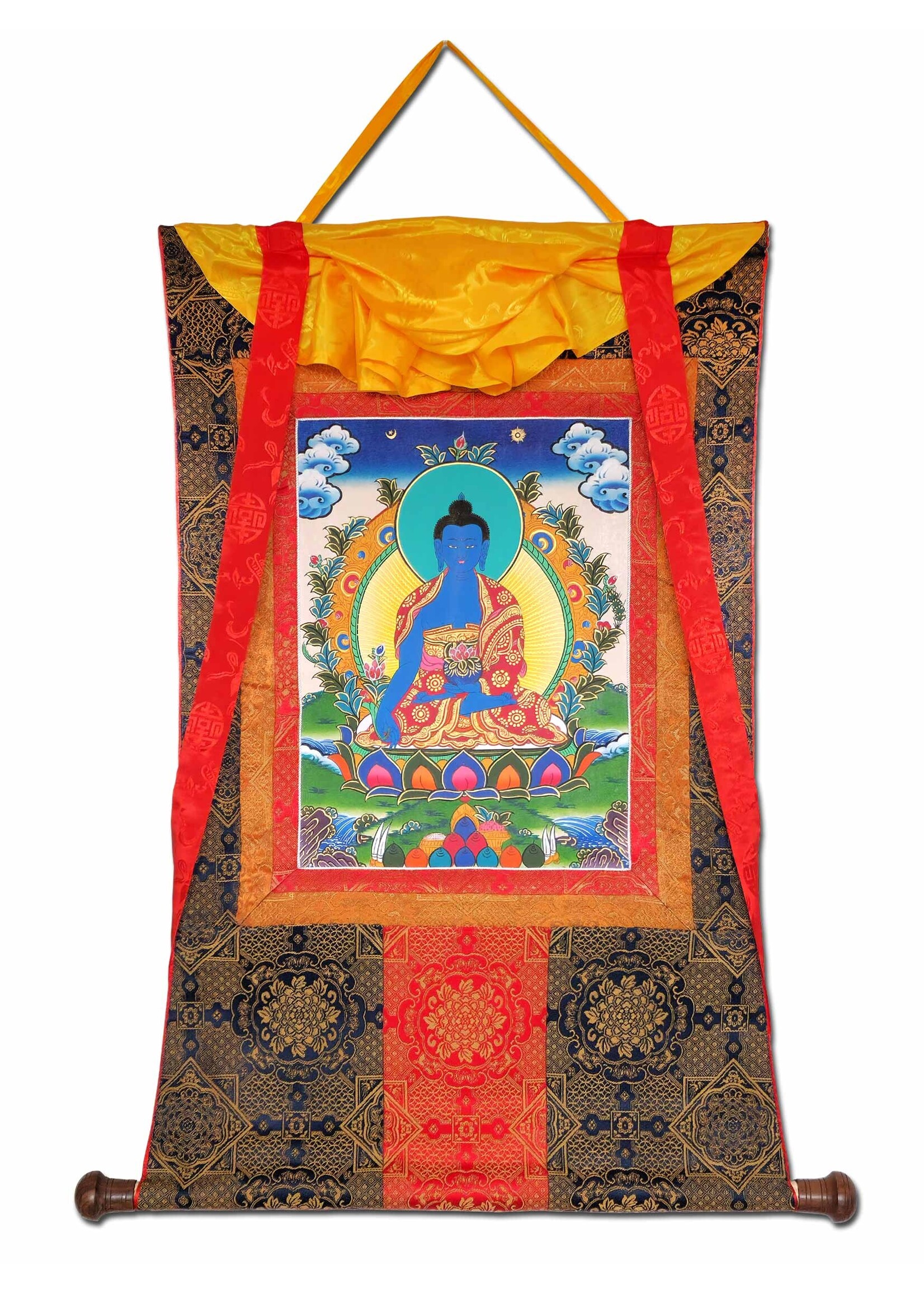 Tibetan Thangka Medicine Buddha, Made of High Quality Brocade, 80 x 55 cm