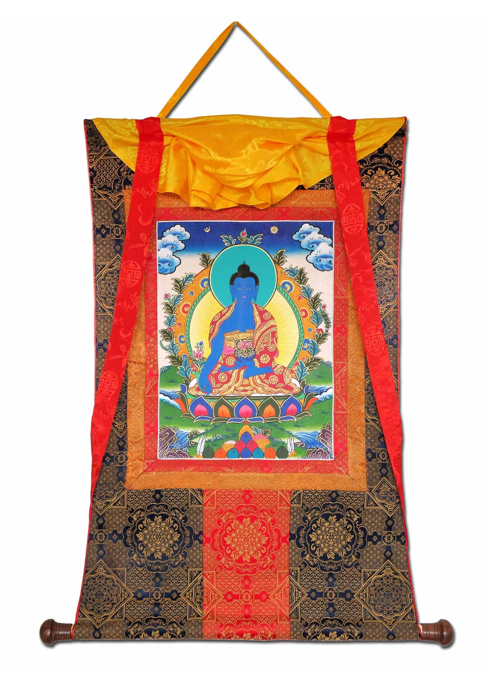 Tibetisches Thangka Medizin-Buddha aus hochwertigem Brokat, 80 x 55 cm