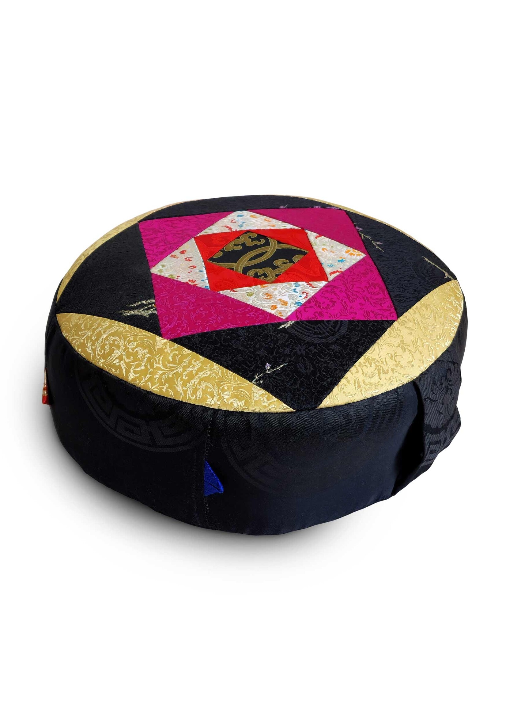 Tibetan Zafu Meditation Cushion, Made of Silk Brocade with Kapok Filling, black