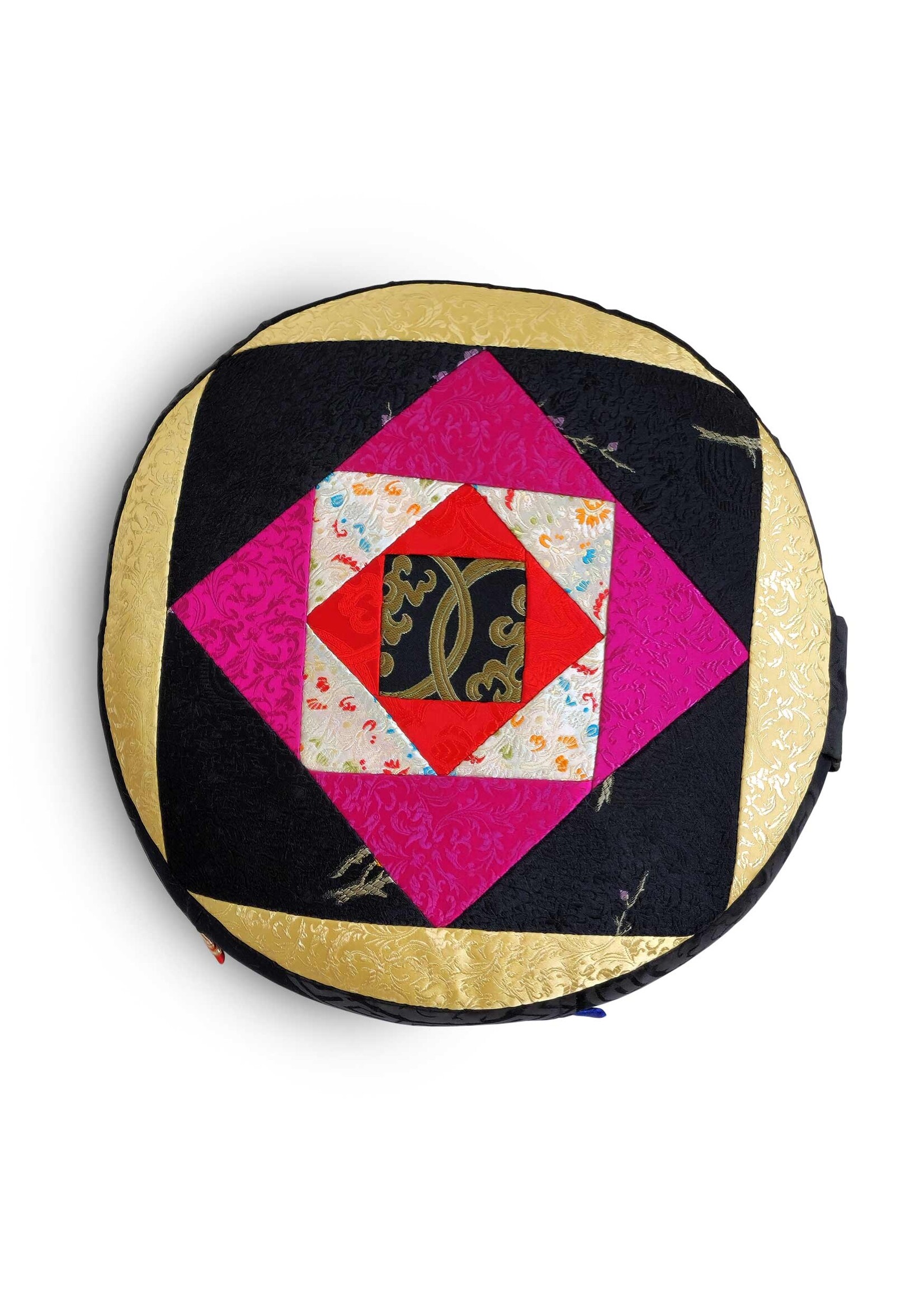 Tibetan Zafu Meditation Cushion, Made of Silk Brocade with Kapok Filling, black