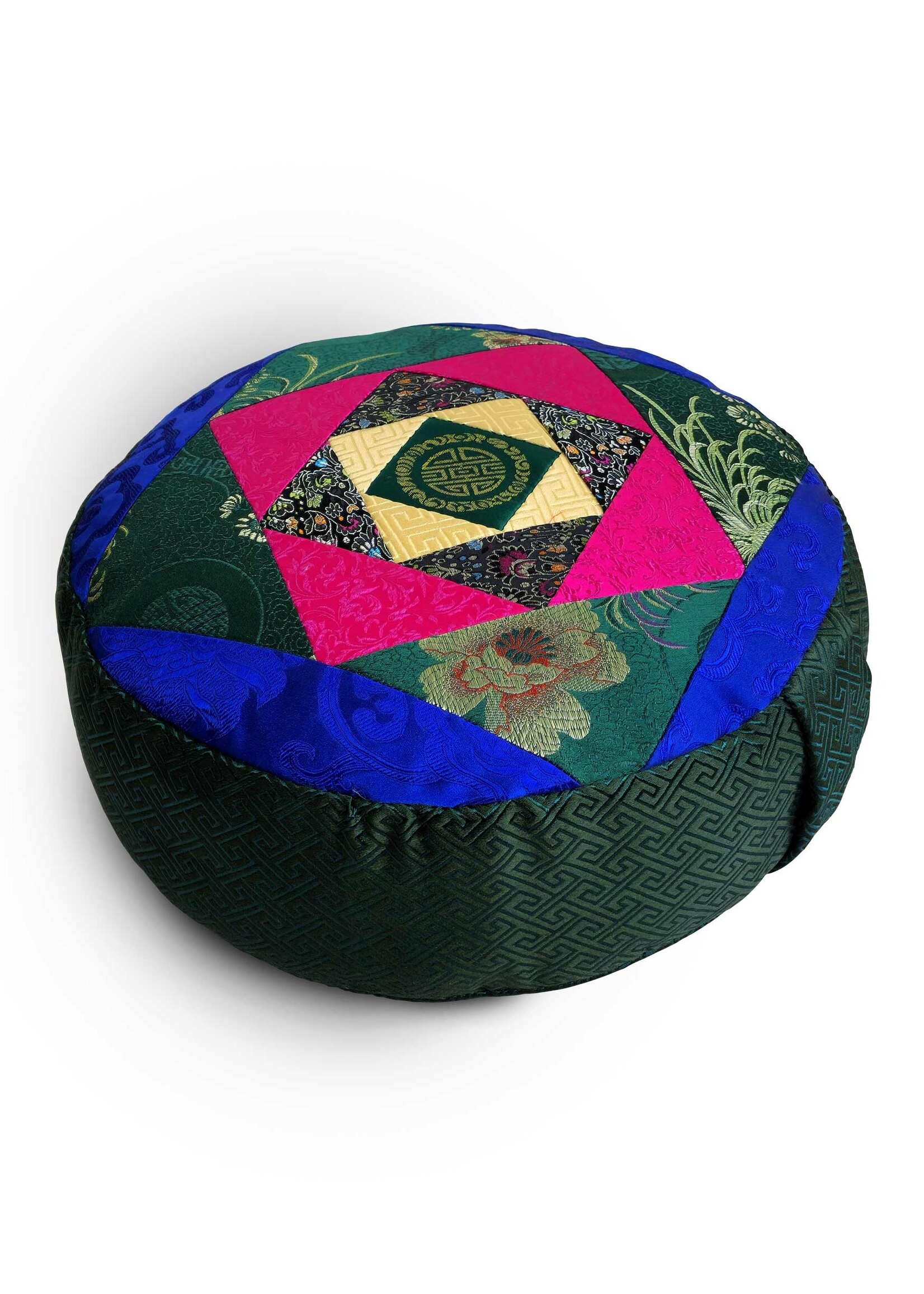 Tibetan Zafu Meditation Cushion, Made of Silk Brocade with Kapok Filling, green