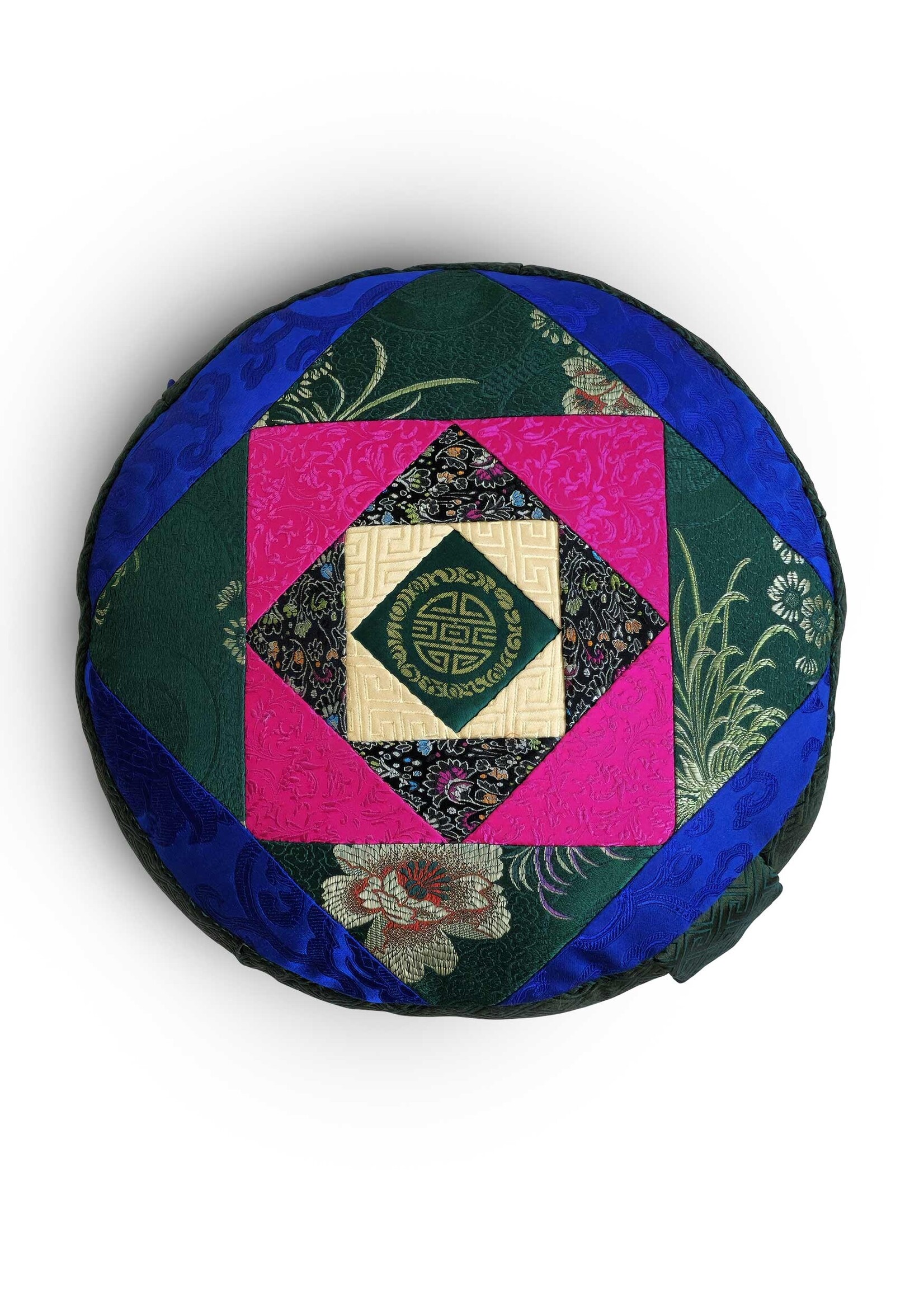 Tibetan Zafu Meditation Cushion, Made of Silk Brocade with Kapok Filling, green