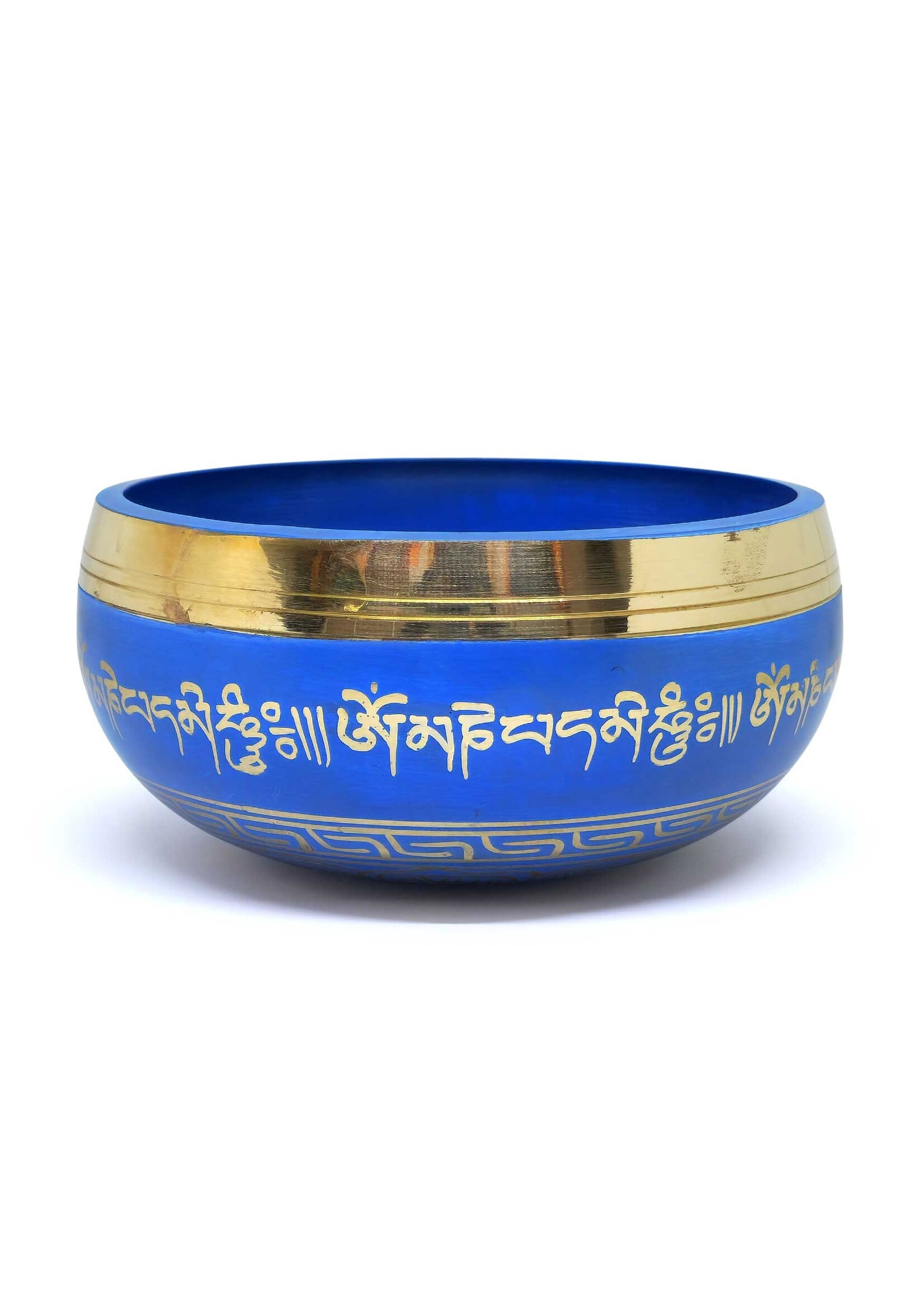 Ciotola di canto tibetano in ottone "Om Mani Padme Hum", blu, Ø 14.5cm, 840g