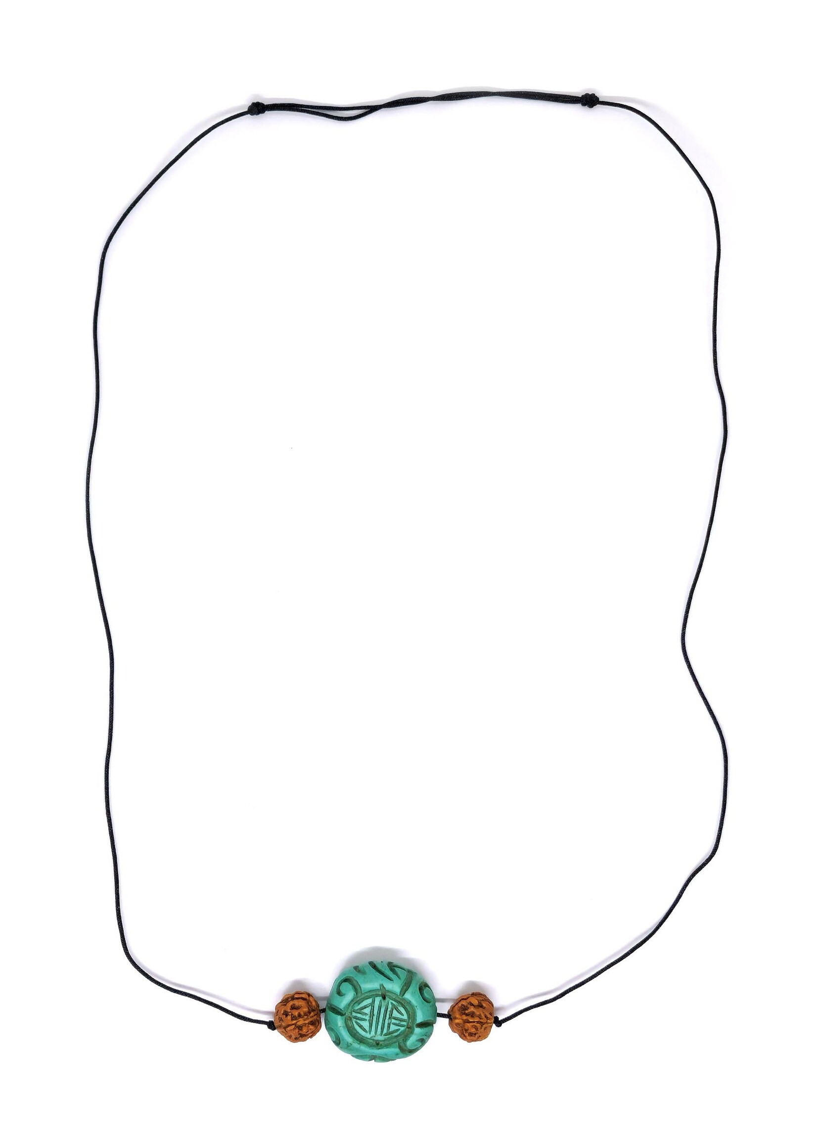 Necklace with turquoise color stone pendant and rudraksha beads