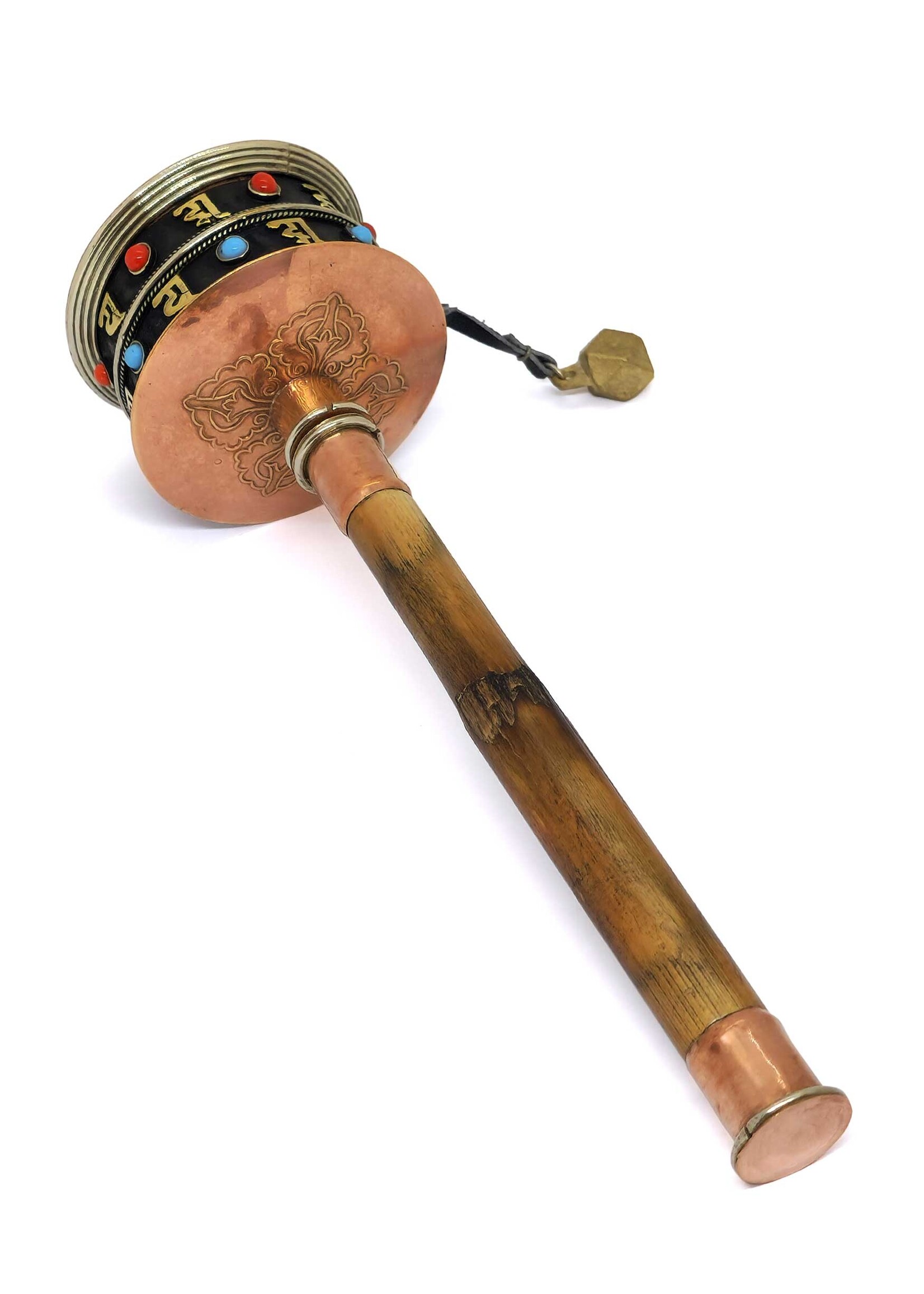 Tibetan handheld prayer wheel, adorned with mantra, 26cm