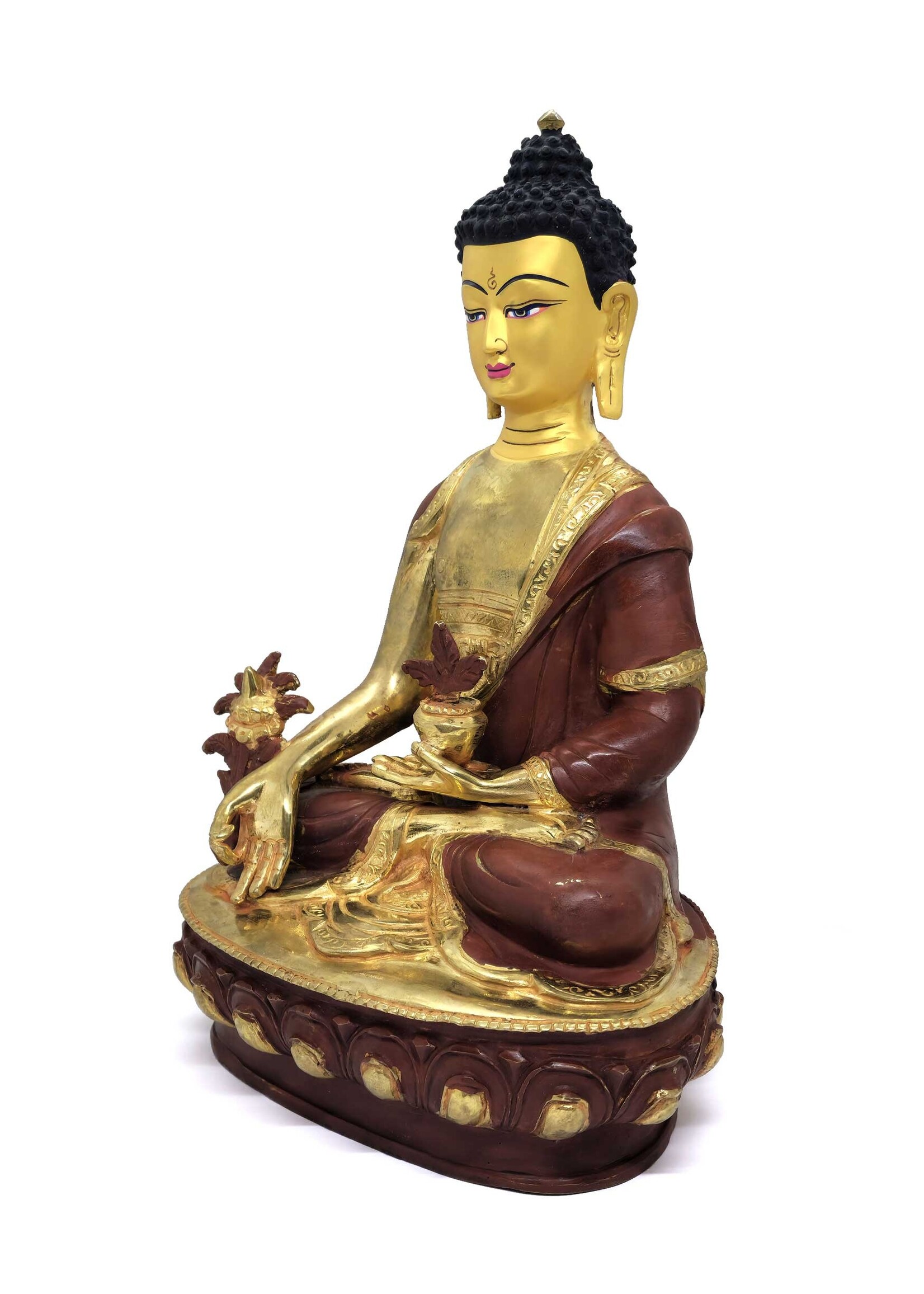Statua del Buddha della Medicina in ottone, parzialmente placcata in oro, 31cm