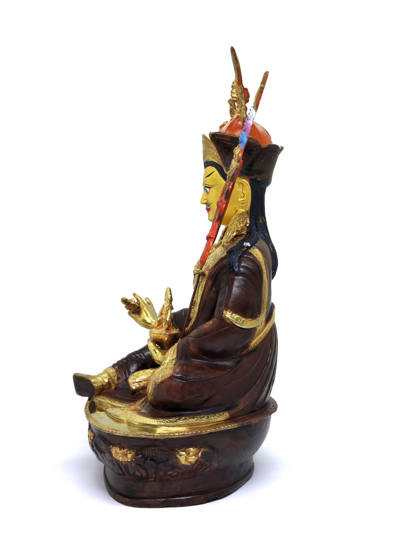 Statua di Guru Rinpochen in ottone, parzialmente placcata in oro, 35 cm
