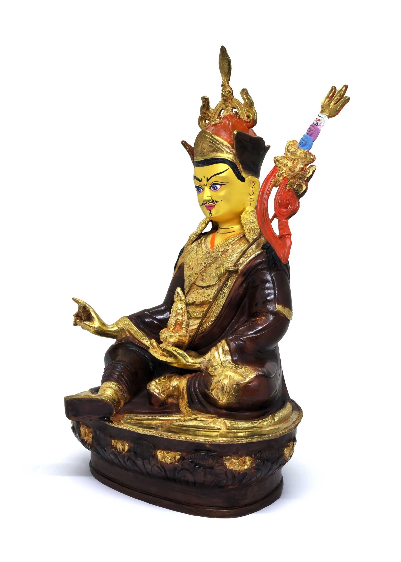 Statue de Guru Rinpochen en laiton, partiellement doré, 35cm