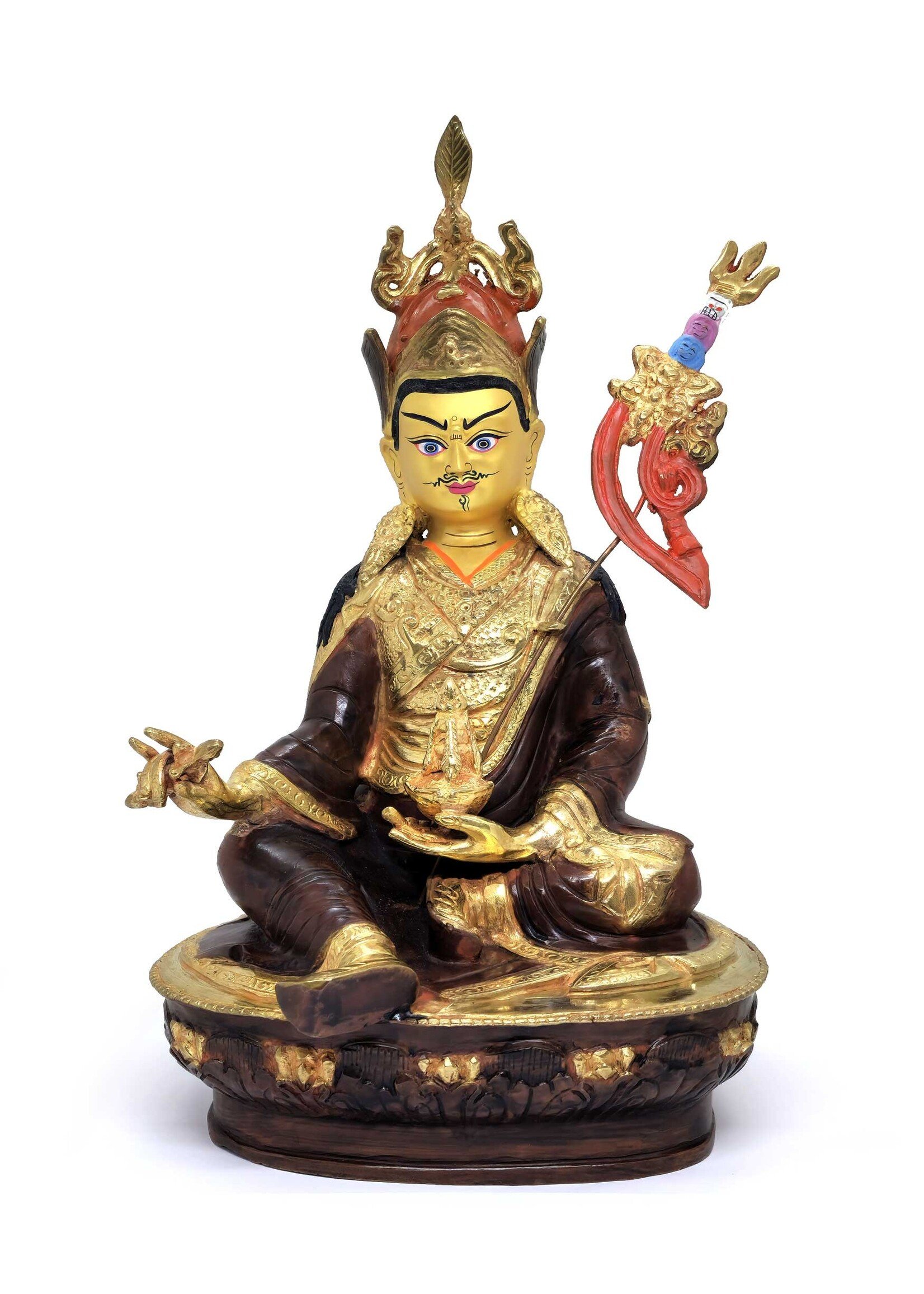 Statua di Guru Rinpochen in ottone, parzialmente placcata in oro, 35 cm