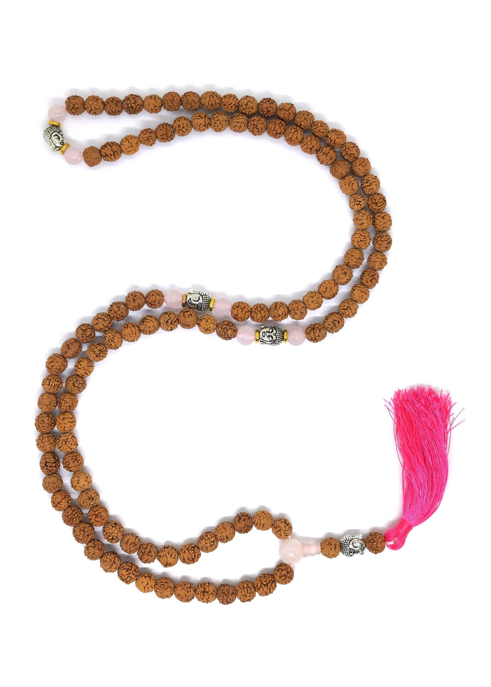 Perline di preghiera tibetane Rudraksha Mala con nappina, ornate di quarzo rosa e Buddha
