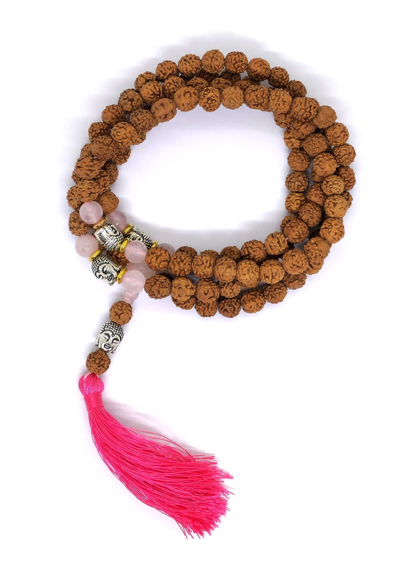 Tibetan Prayer Beads Rudraksha Mala with Tassel, Adorned with Rose Quartz and Buddha