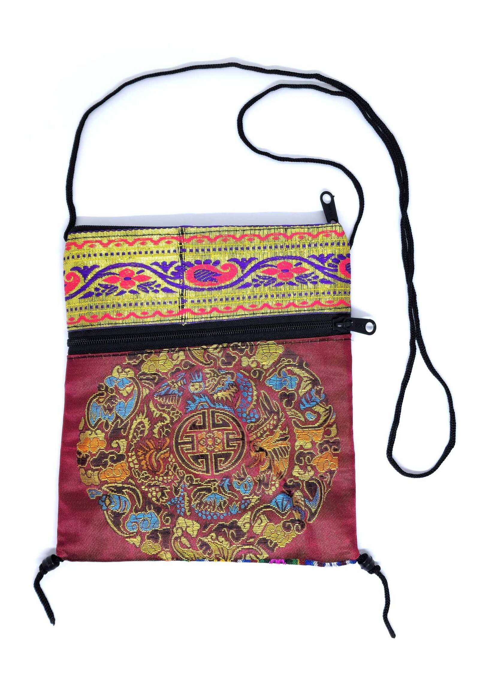 Petit sac à bandoulière tibétain en brocart de soie avec mandala, bordeaux
