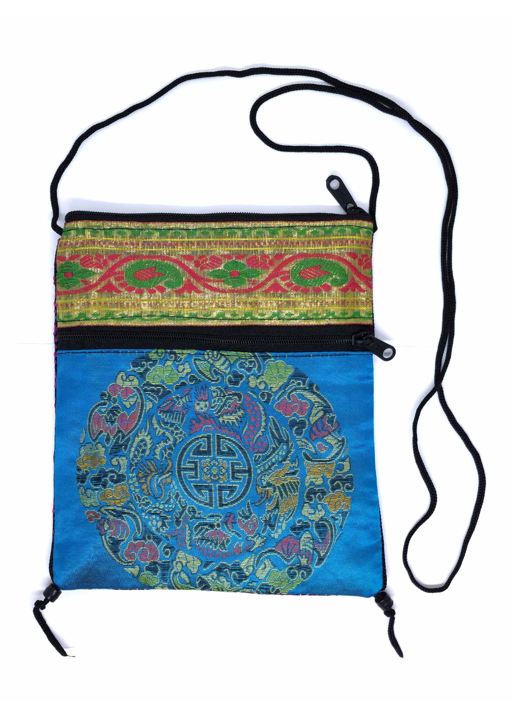 Petit sac à bandoulière tibétain en brocart de soie avec mandala, bleu