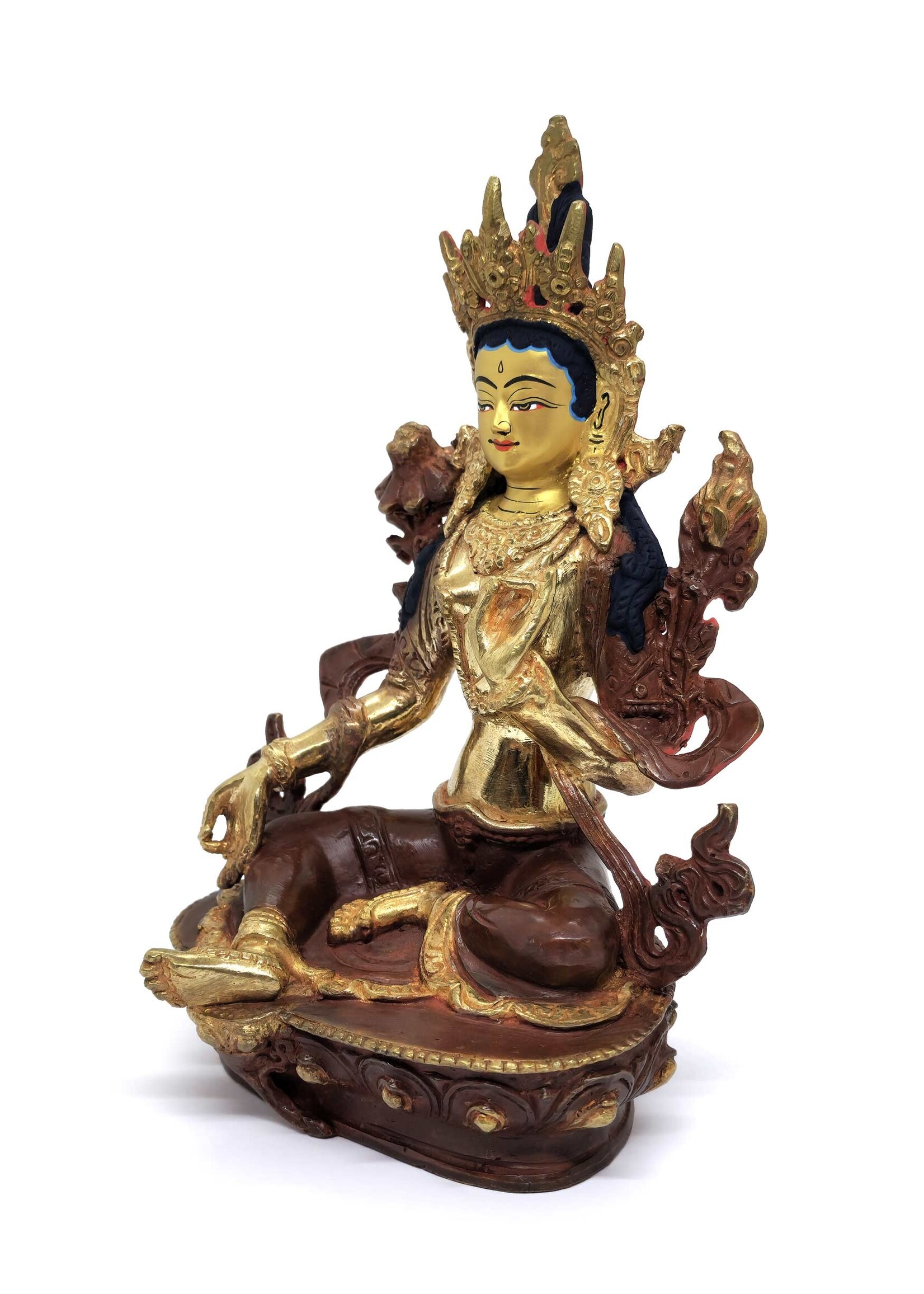 Green Tara Statue, Made of Copper, Partially Gold-Plated, 22cm