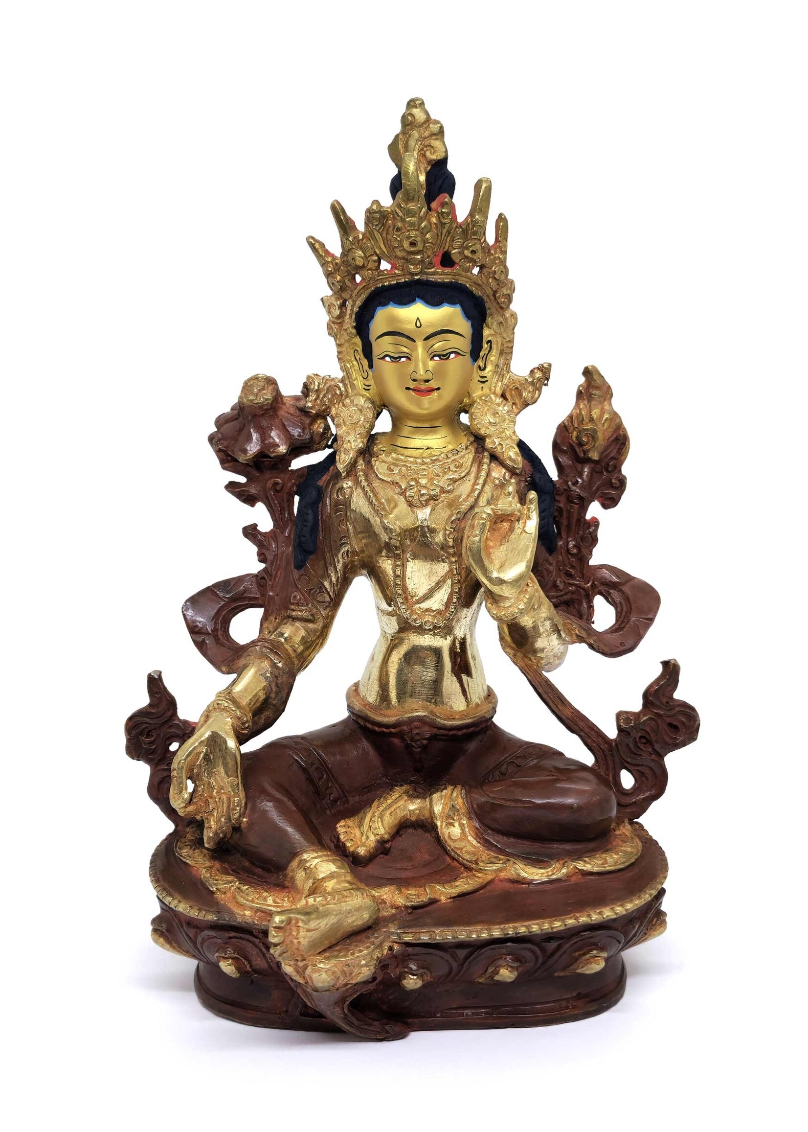 Green Tara Statue, Made of Copper, Partially Gold-Plated, 22cm