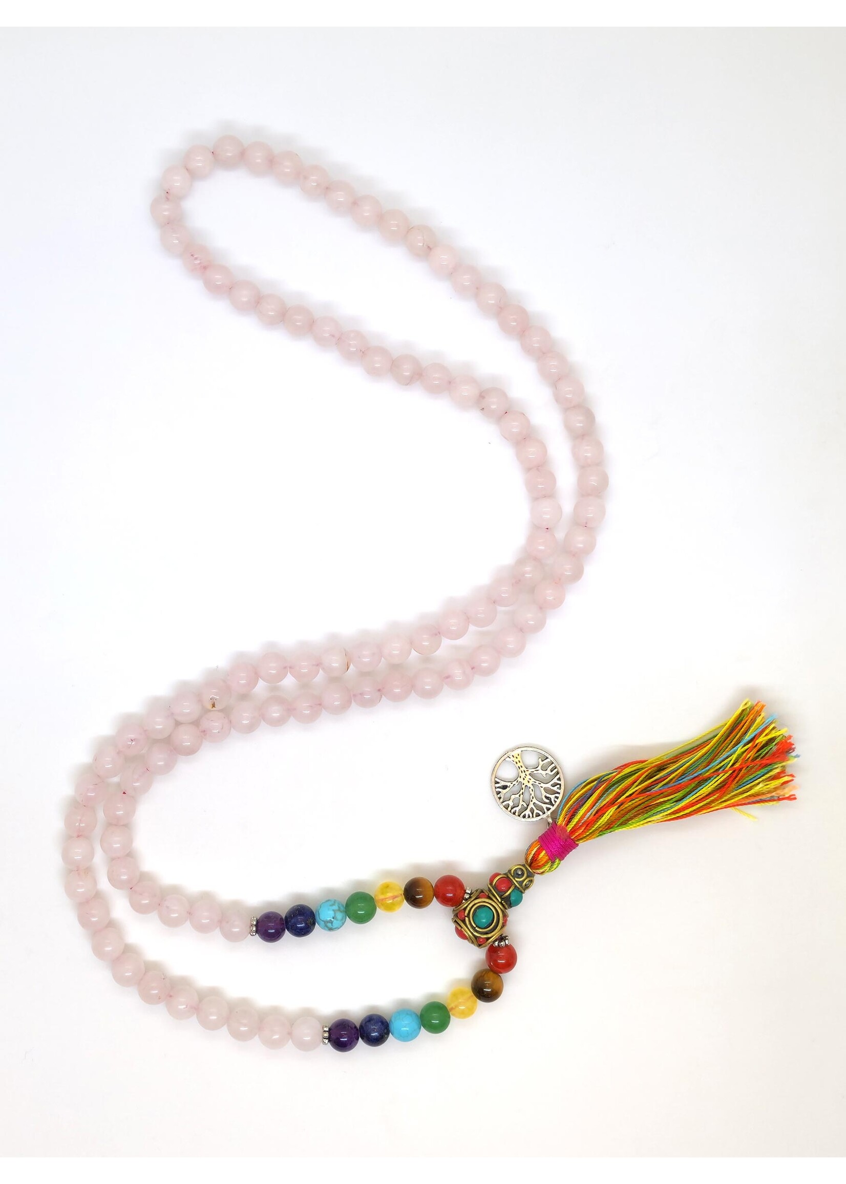 Rose Quartz Tibetan Prayer Beads with Chakras und Tassel