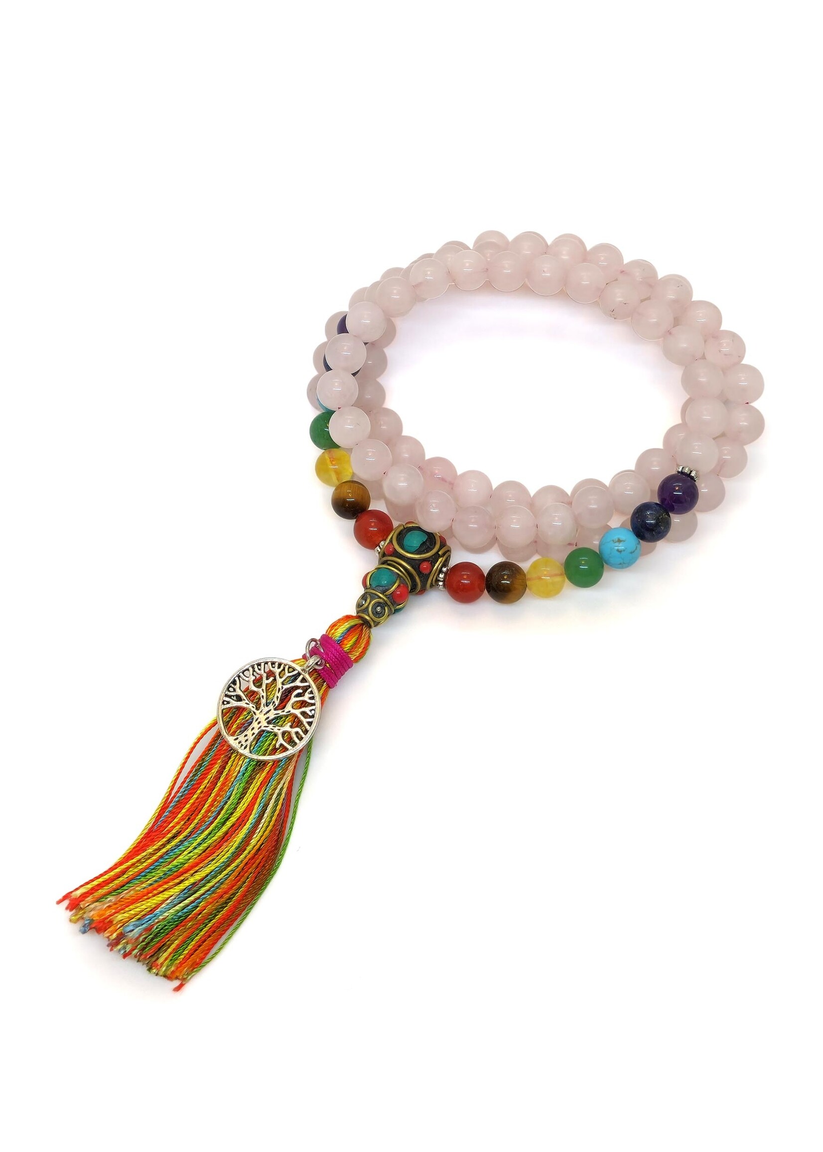 Rose Quartz Tibetan Prayer Beads with Chakras und Tassel