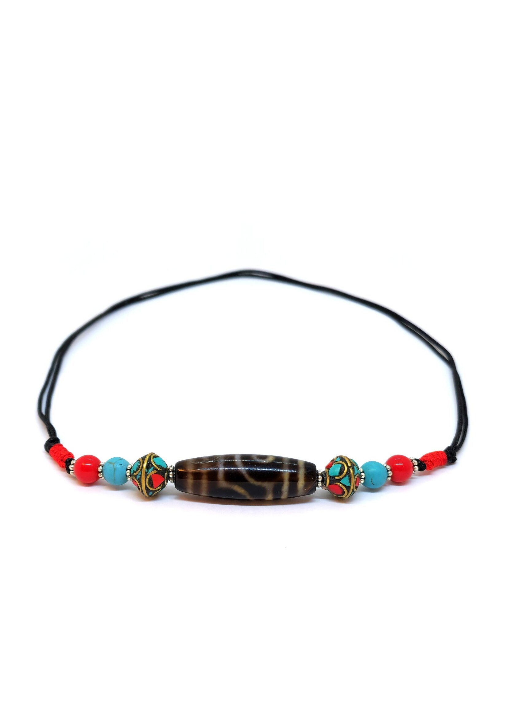 Collana con ciondolo Dzi tibetano a 2 occhi con turchese e corallo rosso