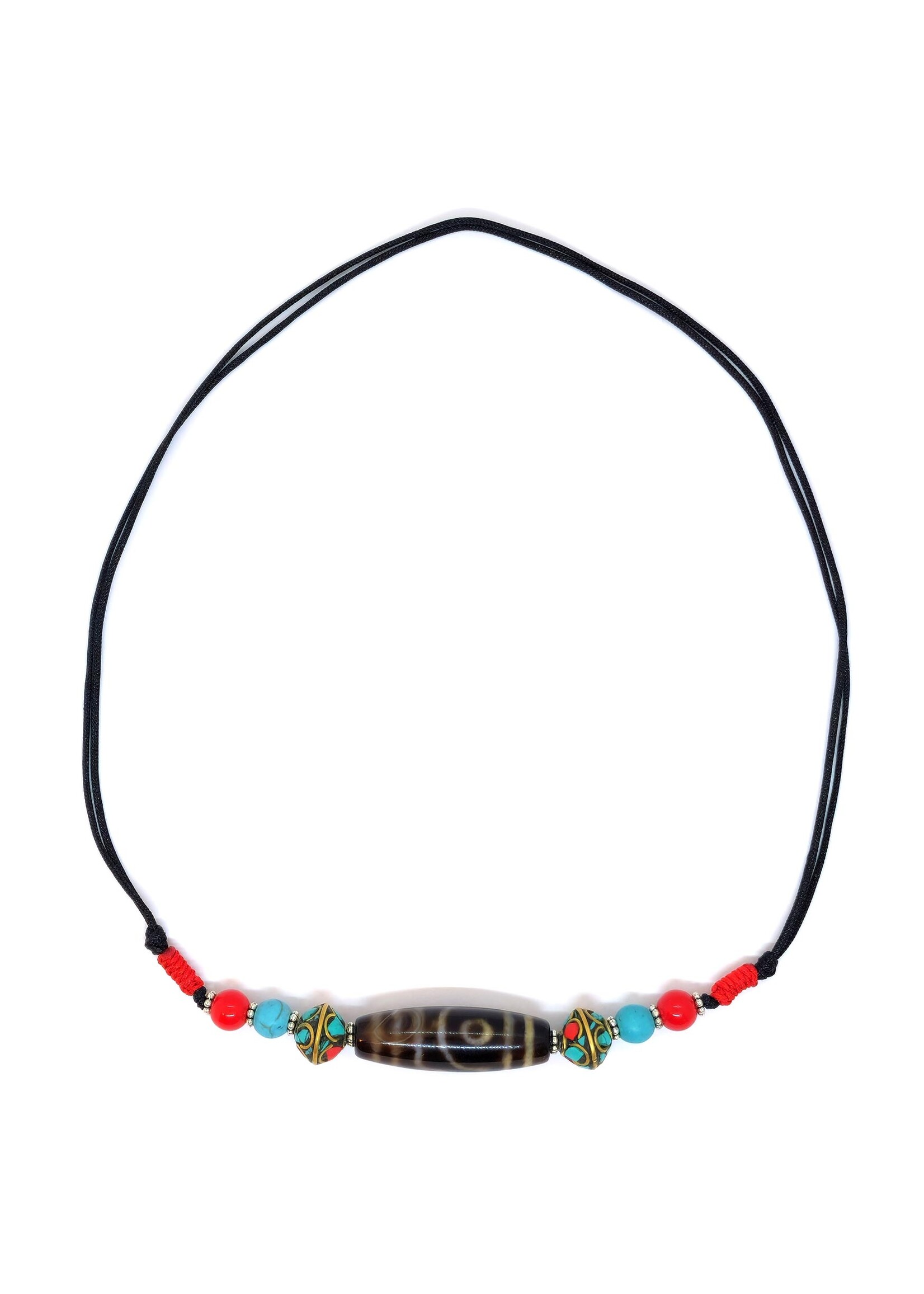2-Eye Tibetan Dzi Bead Pendant Necklace with Turquoise and Red Coral