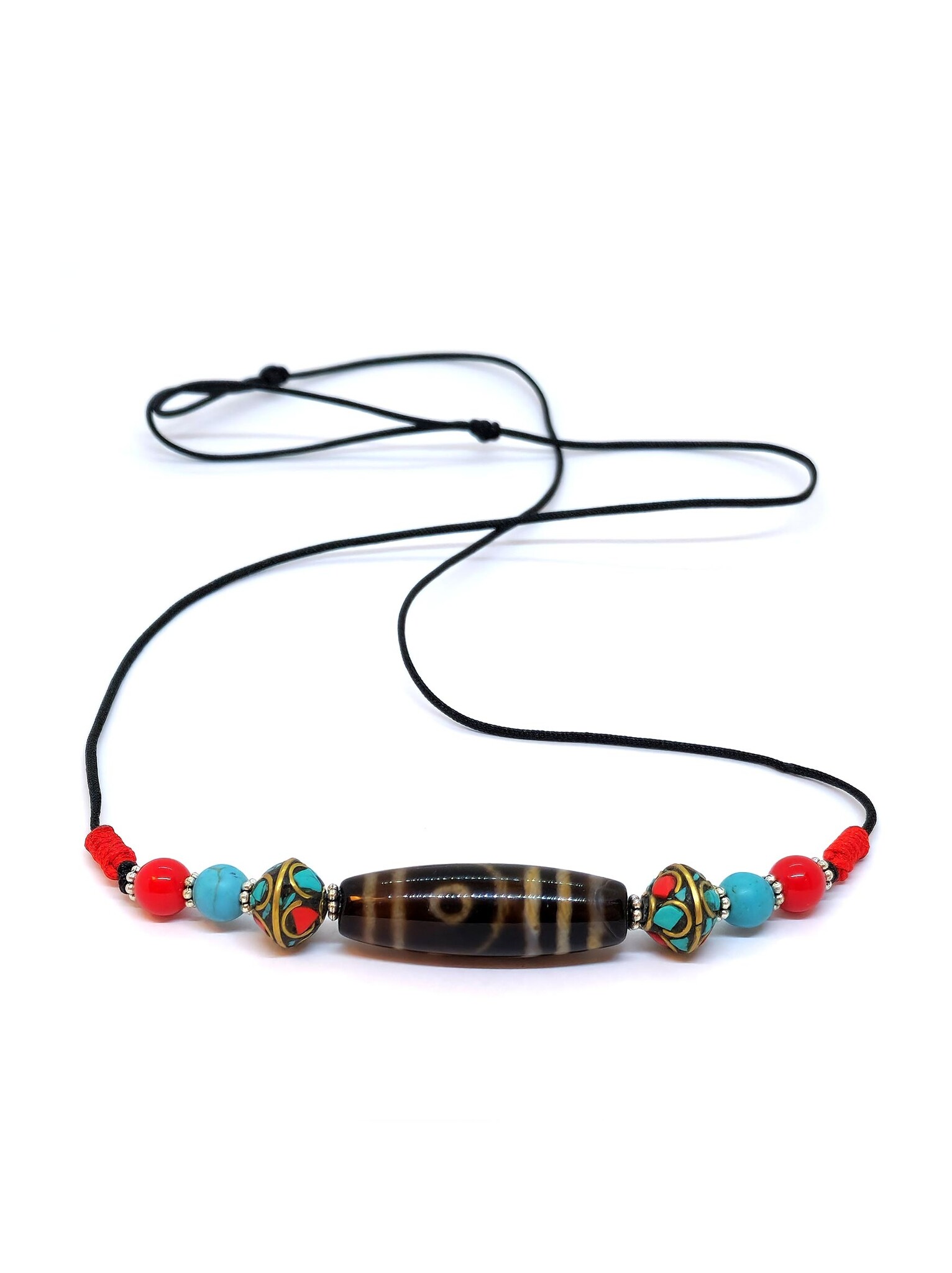 2-Eye Tibetan Dzi Bead Pendant Necklace with Turquoise and Red