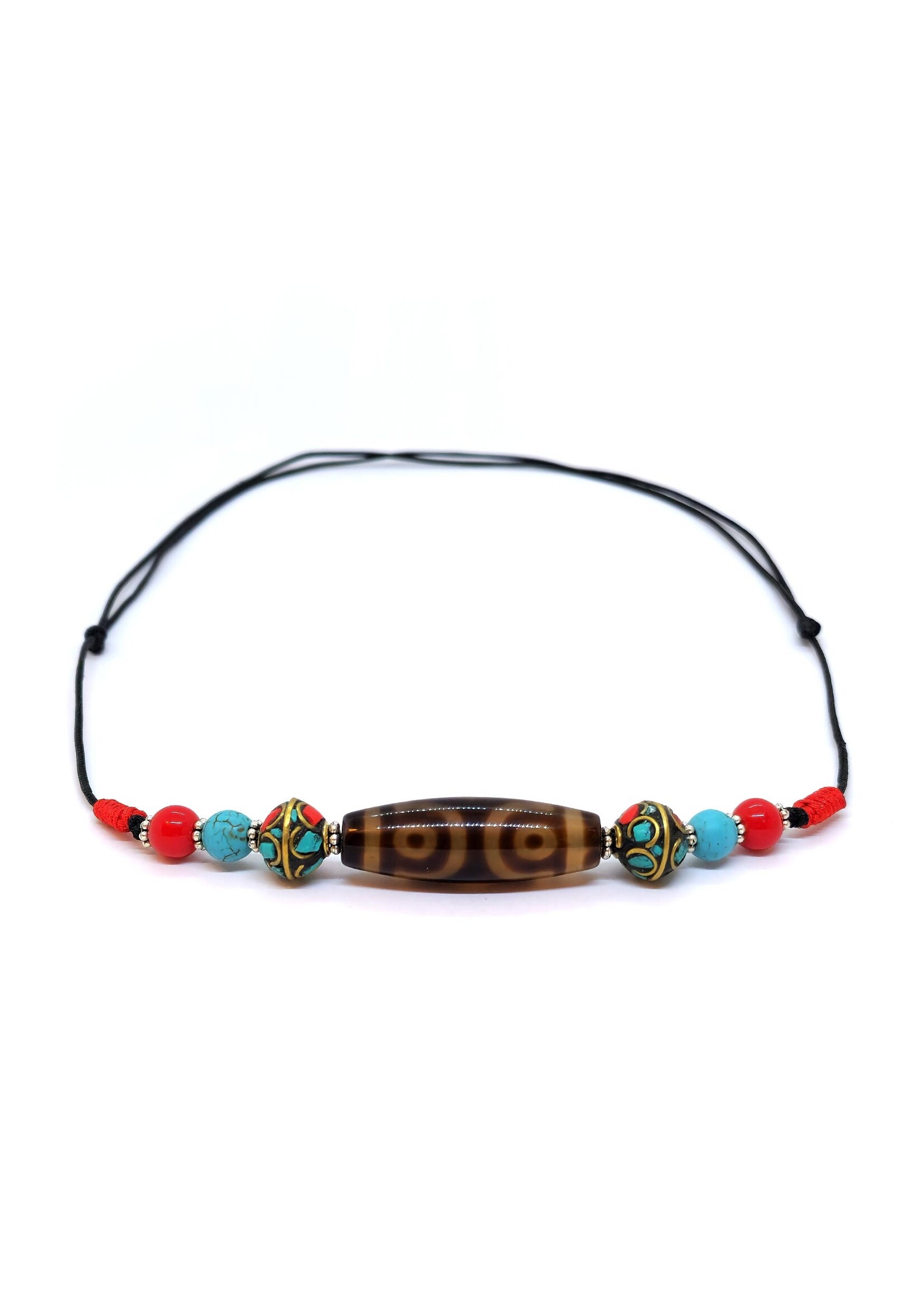 Collier à pendentifs en perles tibétaines Dzi à 3 yeux avec turquoise et corail rouge