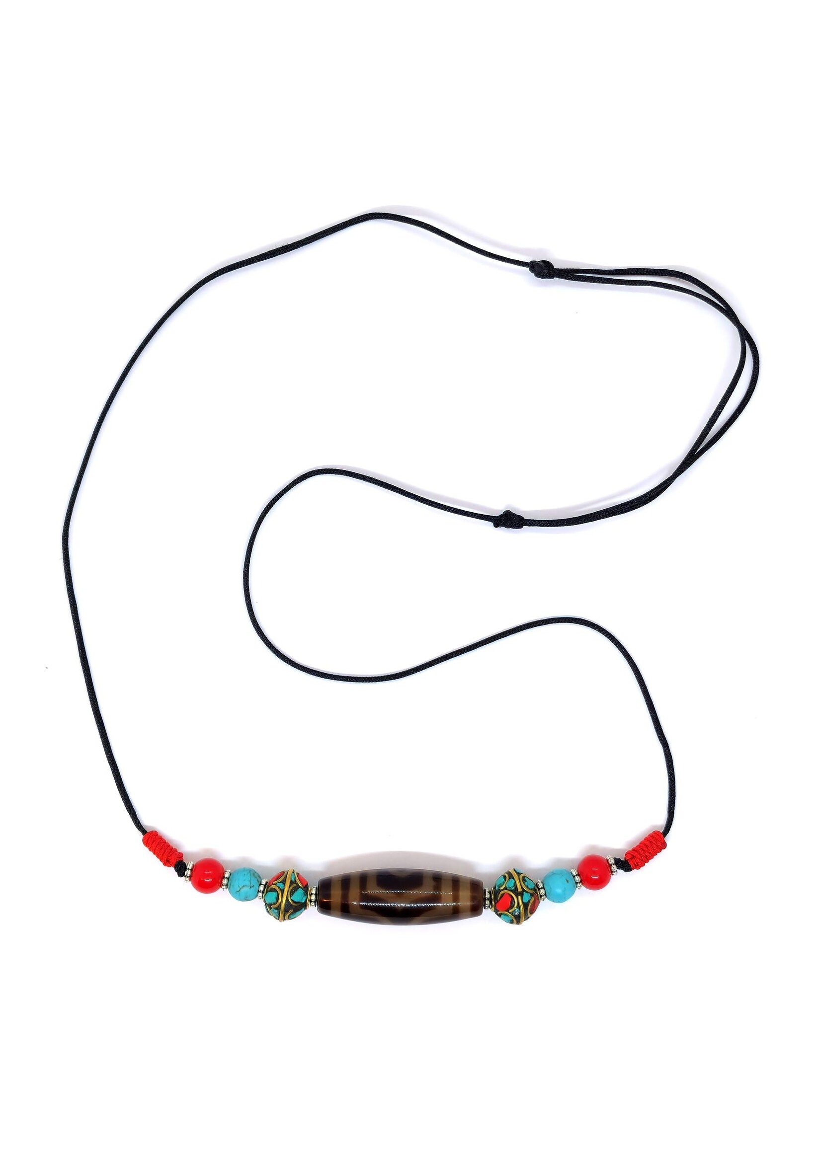 Collier à pendentifs en perles tibétaines Dzi à 3 yeux avec turquoise et corail rouge